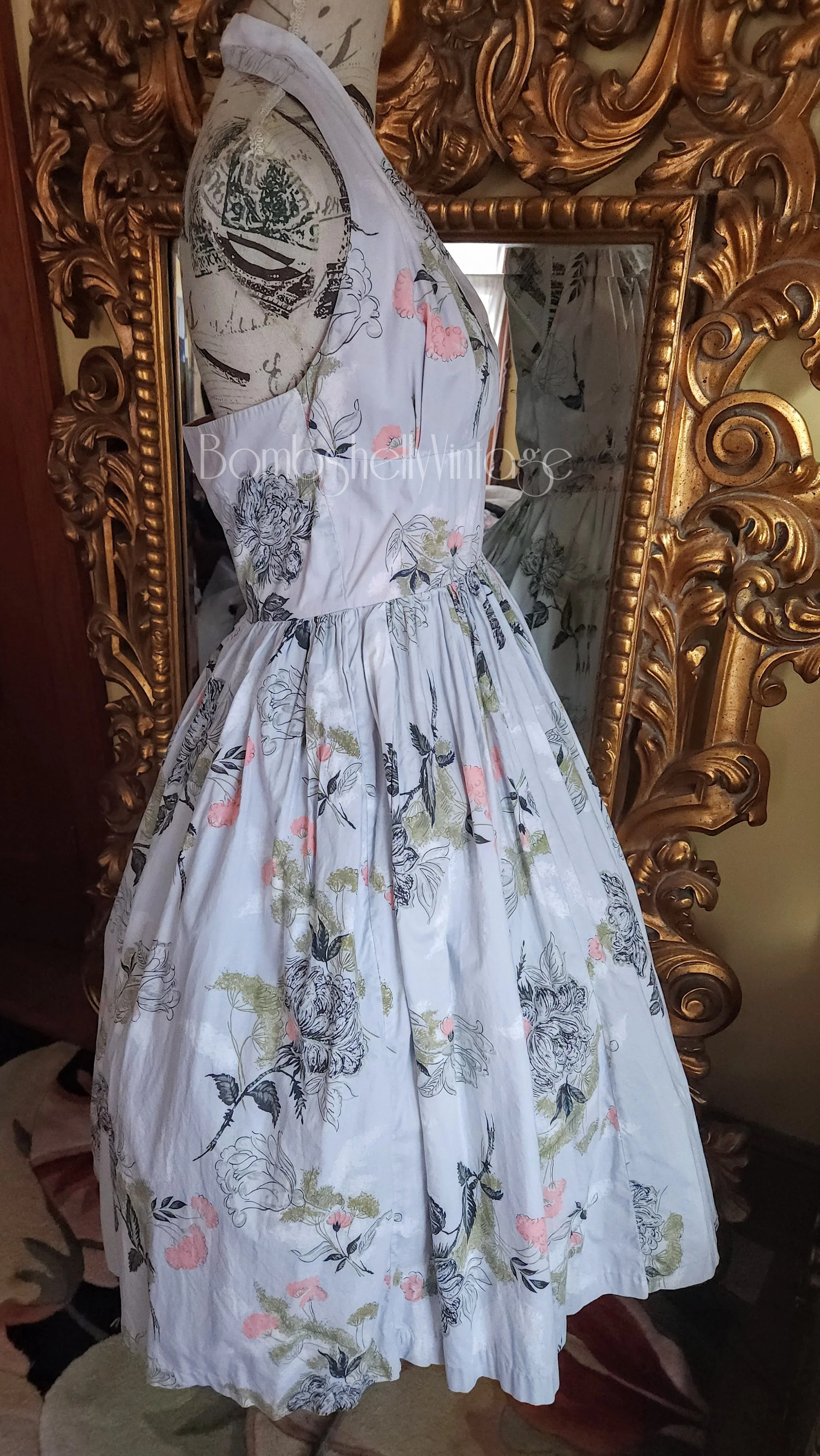 50s Gray Floral Cotton Halter Sun Dress Fit And Flare - Image 4