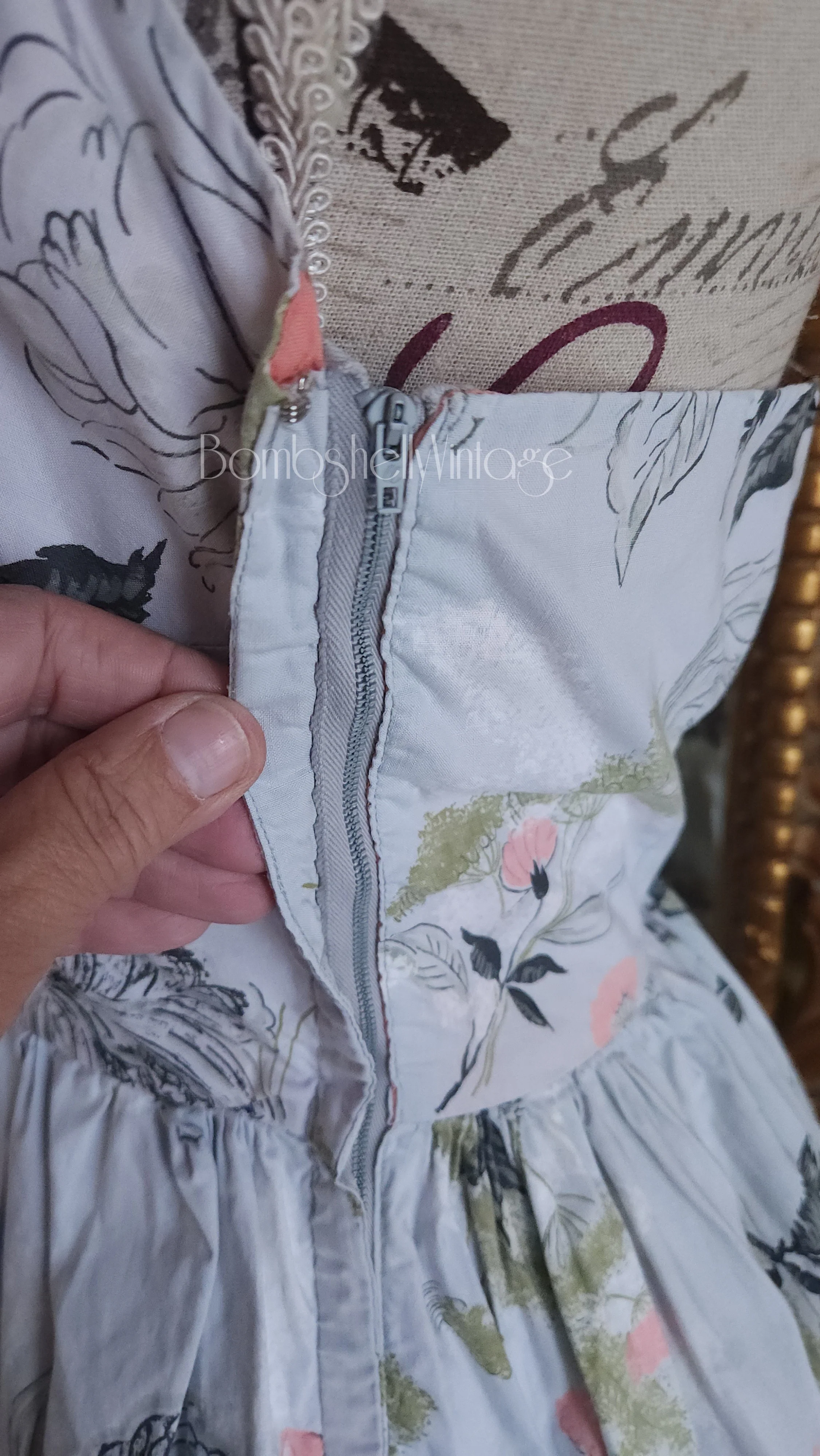 50s Gray Floral Cotton Halter Sun Dress Fit And Flare - Image 9