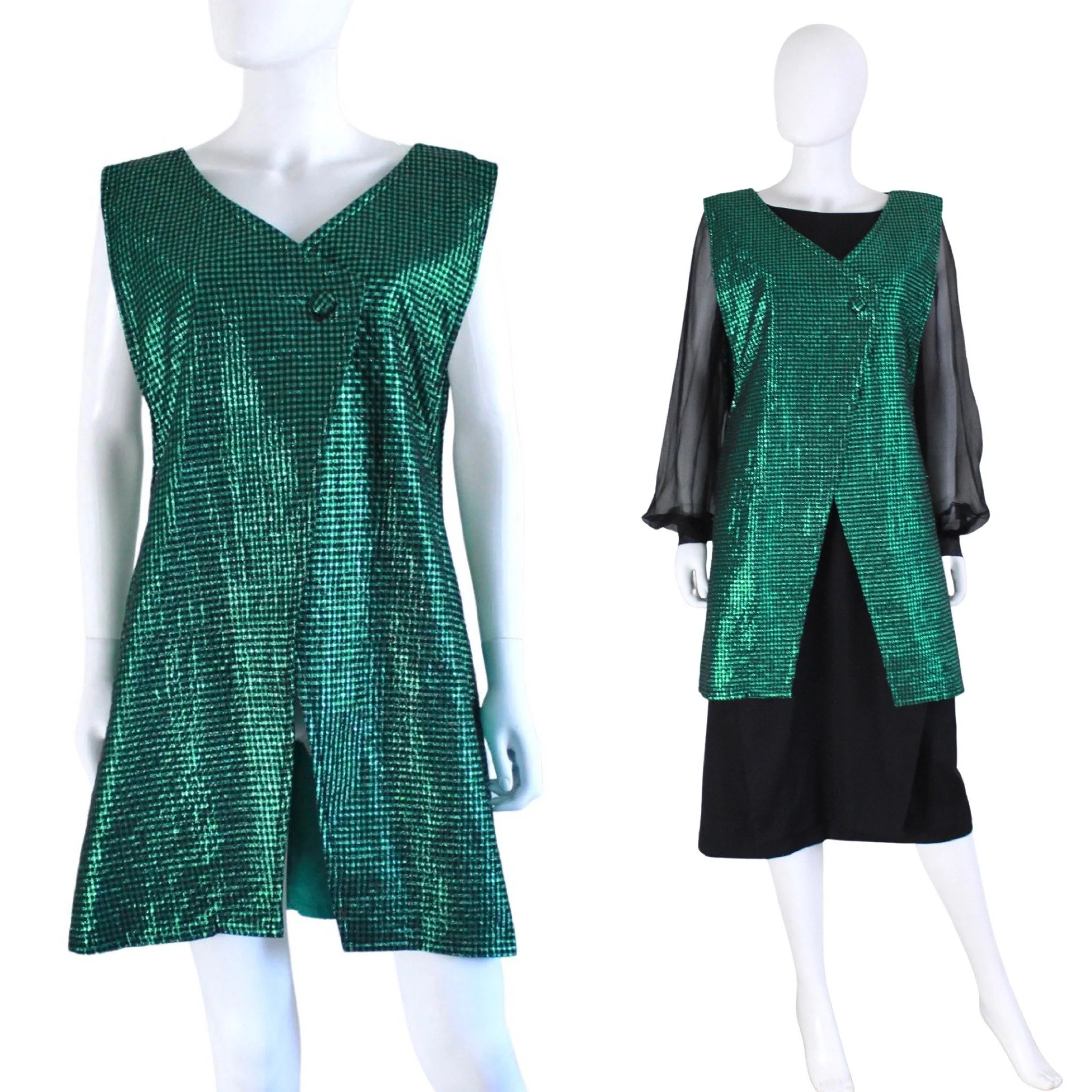 50s Green and Black Lurex Trapeze Dress | Size Large - Image 2