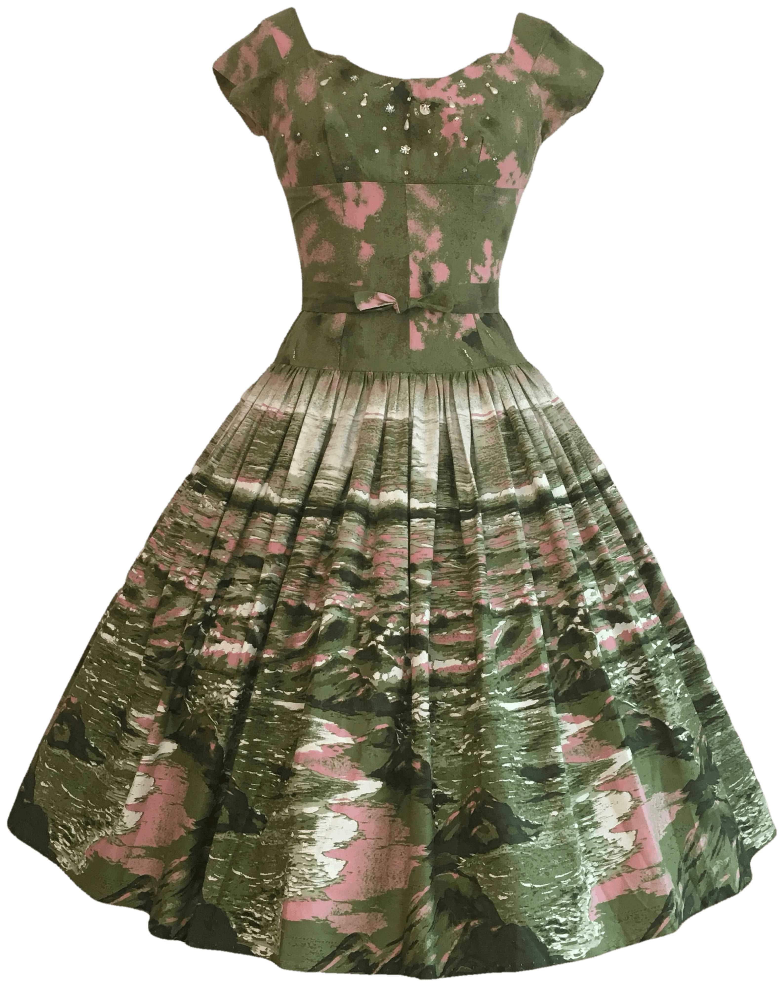 50's Green Beach Scenic Novelty Print Dress