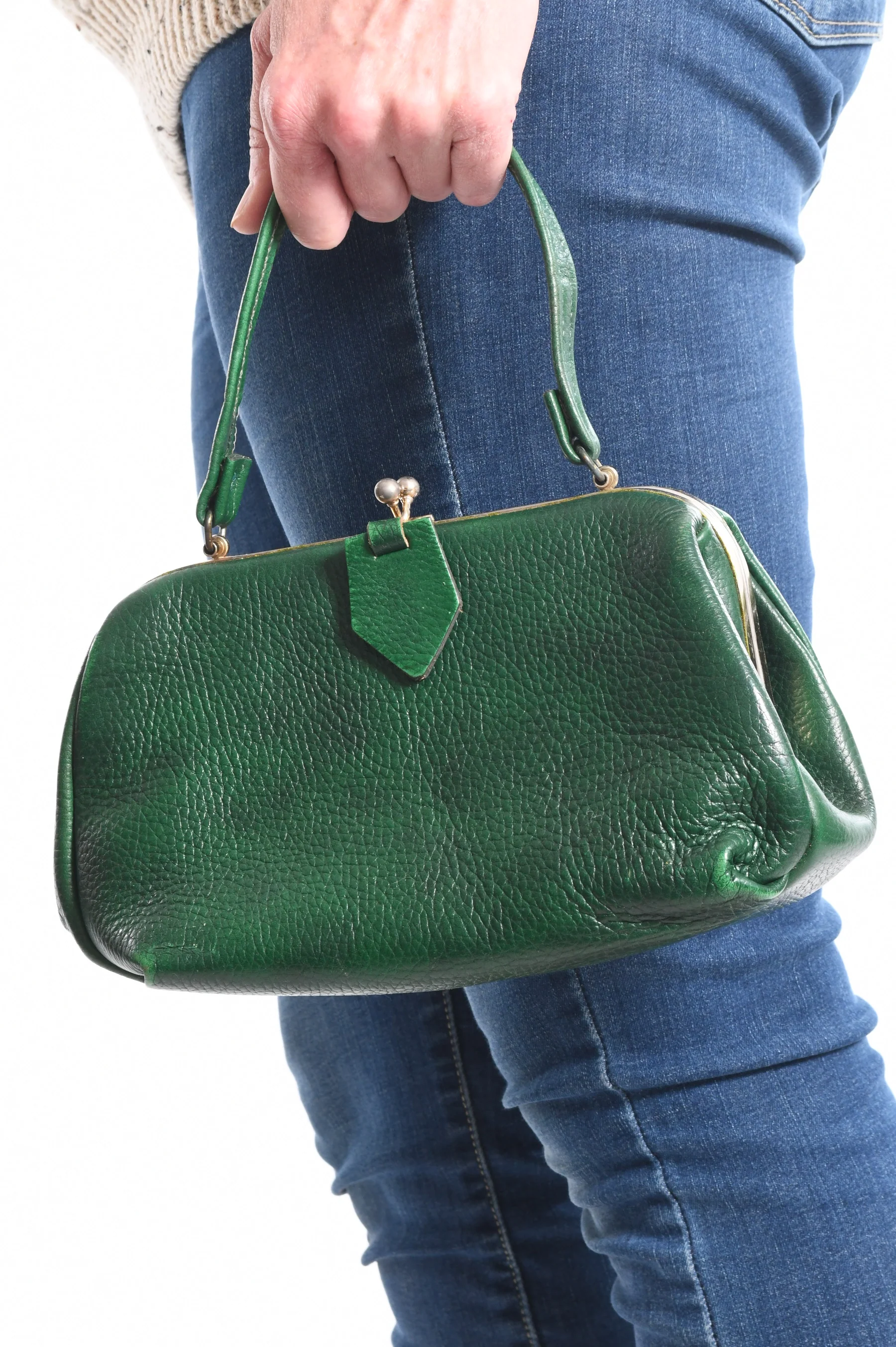 50s Green Leather Doctor Style Hinge Frame Handbag - Image 4