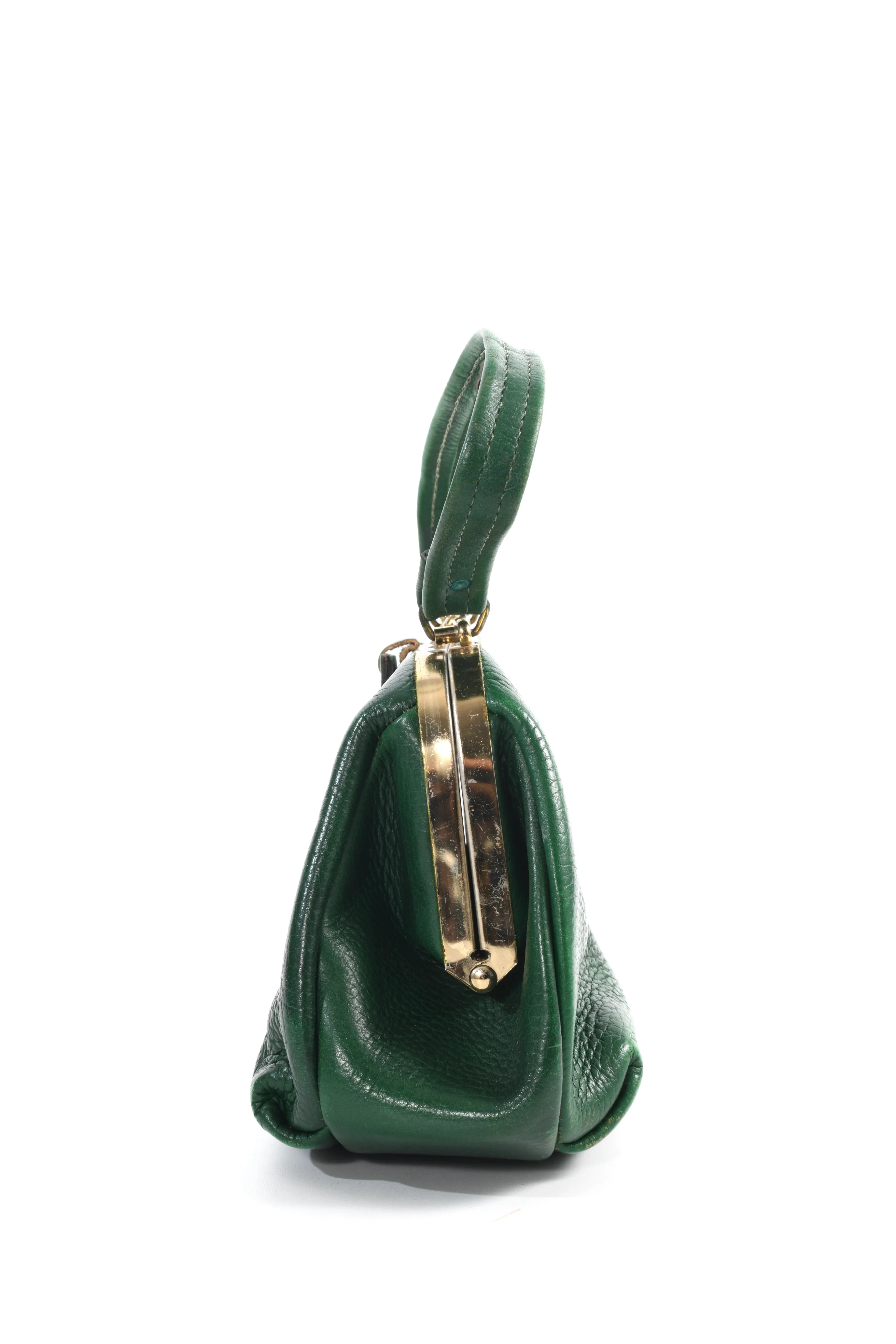50s Green Leather Doctor Style Hinge Frame Handbag - Image 6