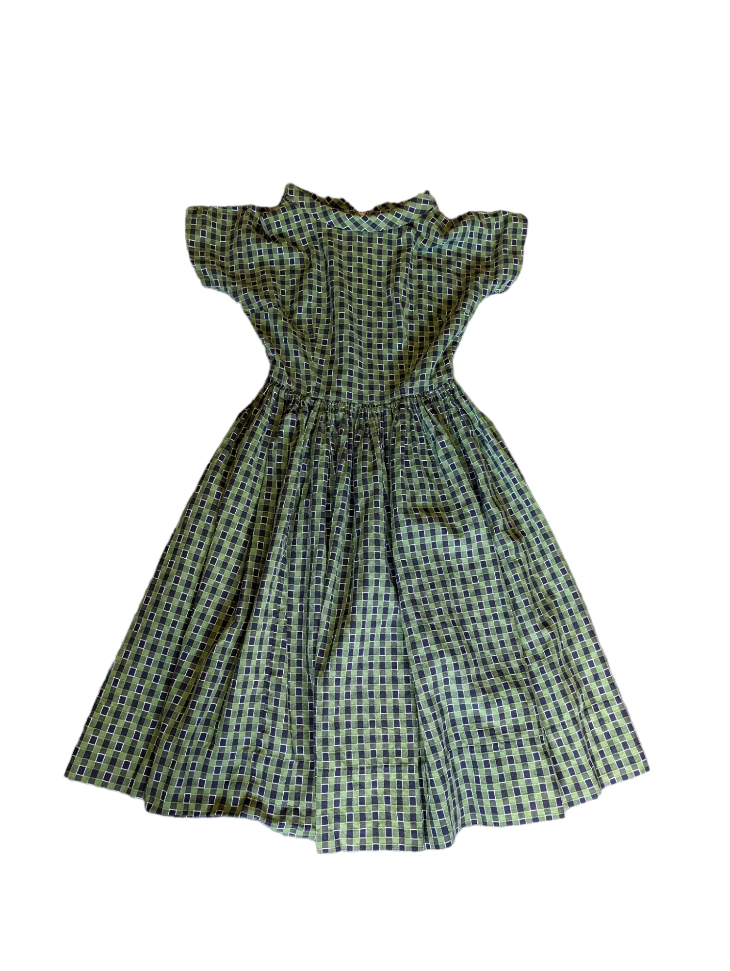 50s Green Plaid Full Pleated Day Dress Cotton - Image 3