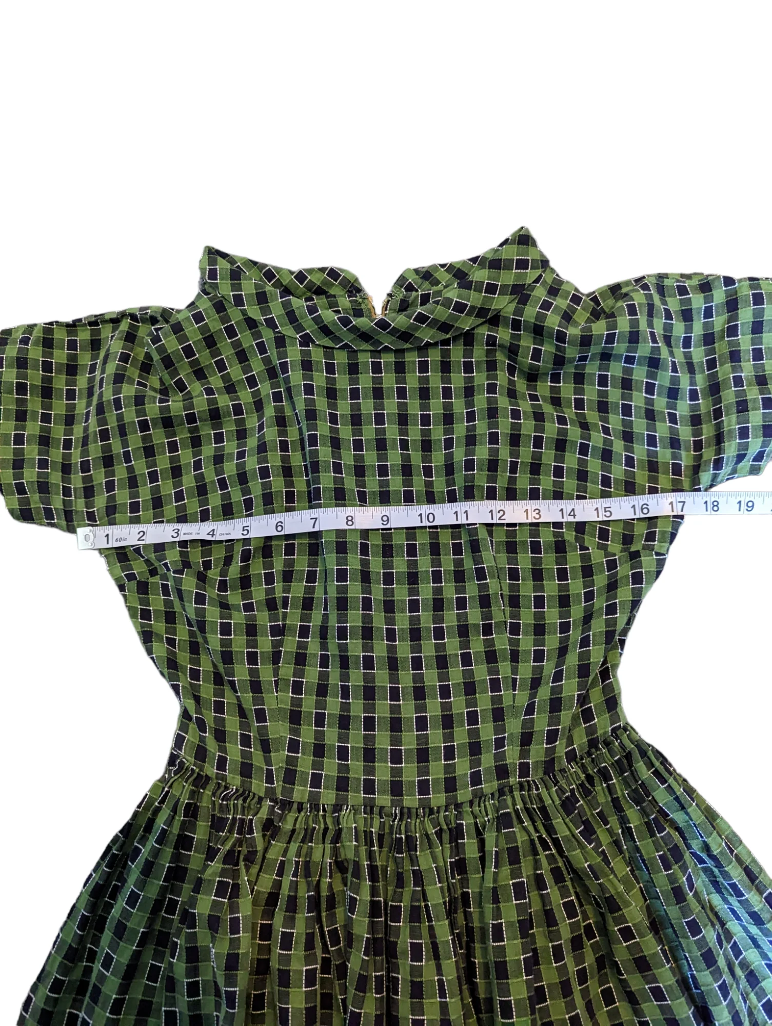 50s Green Plaid Full Pleated Day Dress Cotton - Image 6