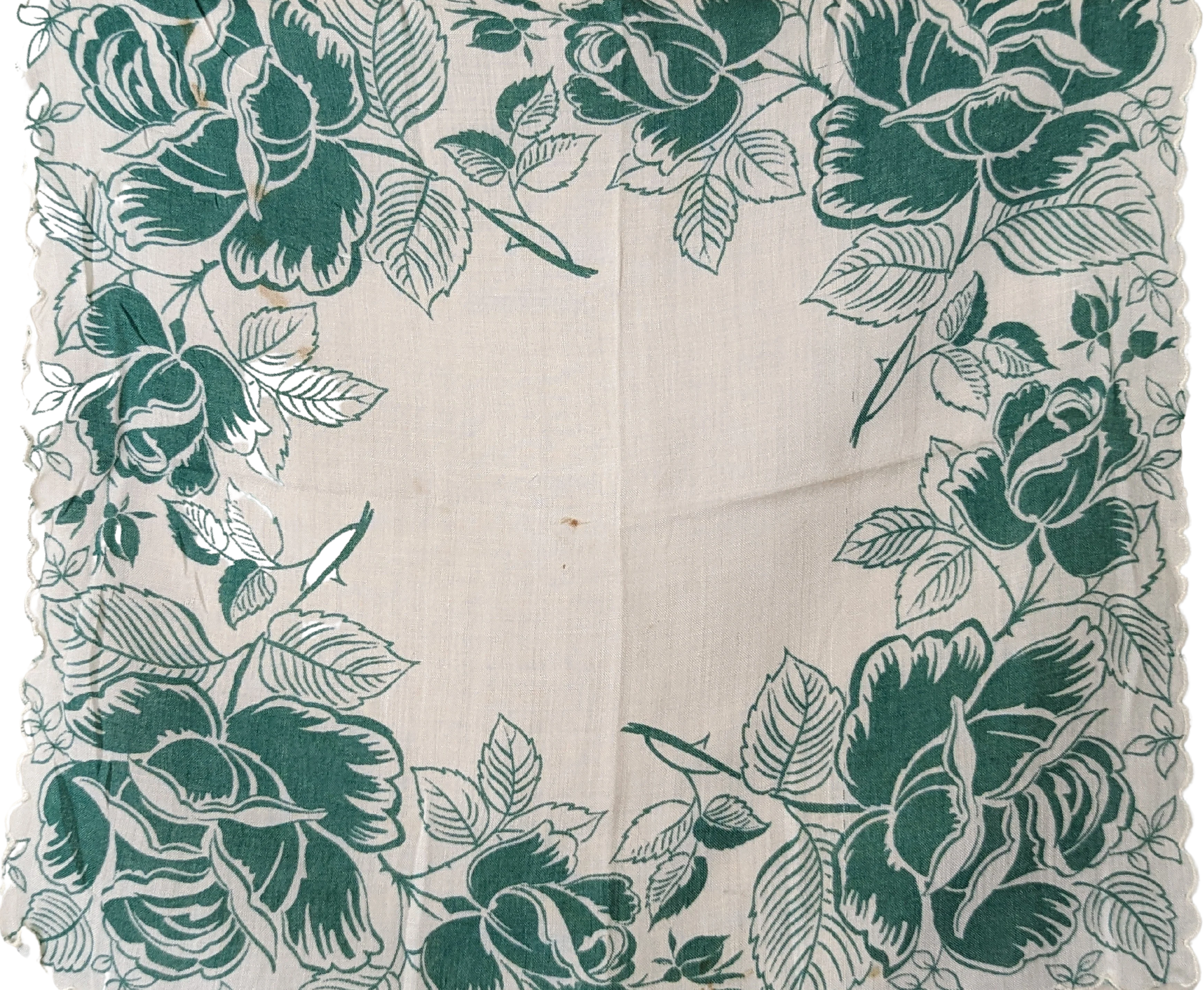 50s "green with Envy" Rose Scarf Handkerchief with Hand Rolled Edge