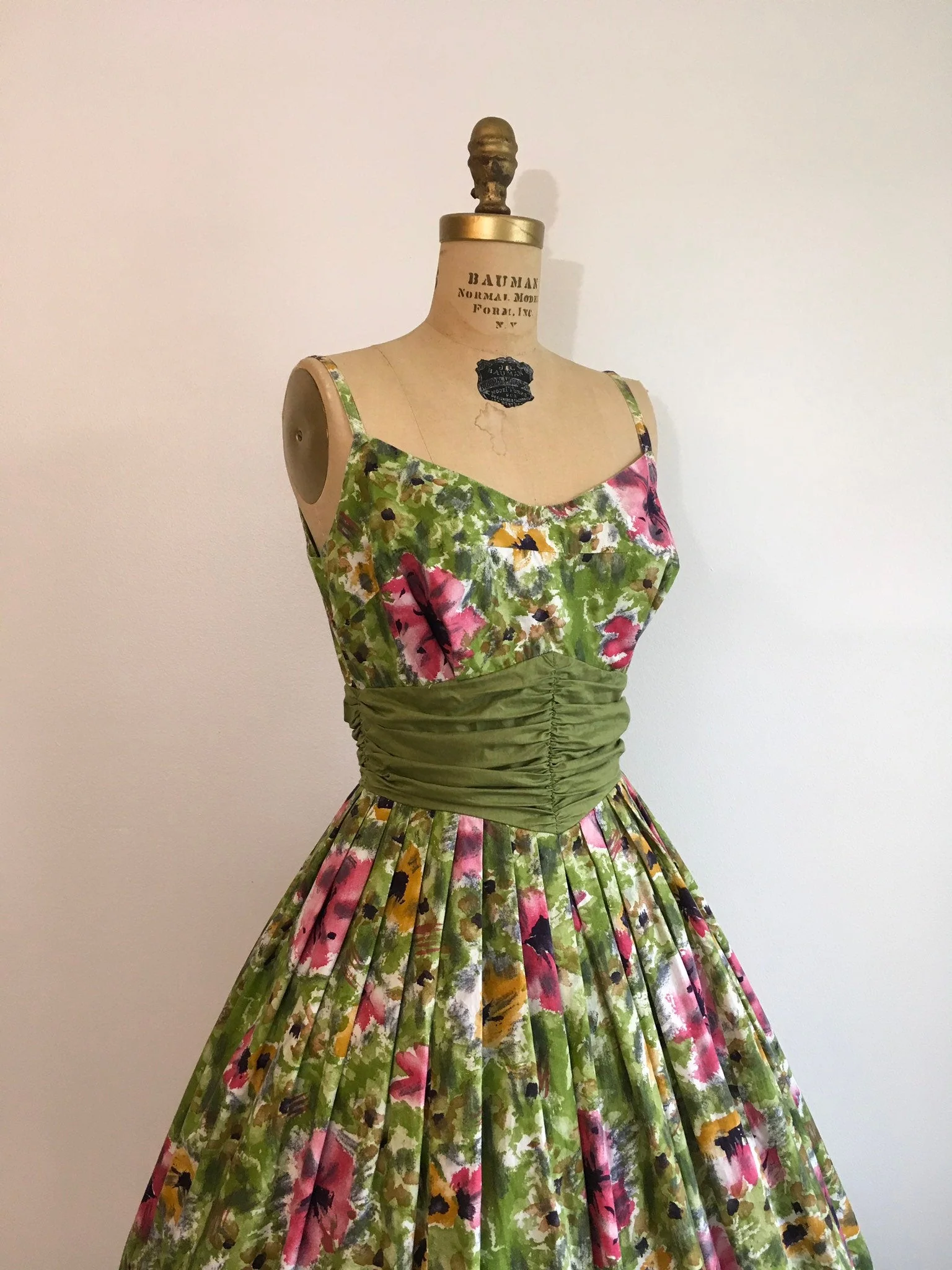 50's Green with Pink and Yellow Floral Poppies Sundress - Image 4
