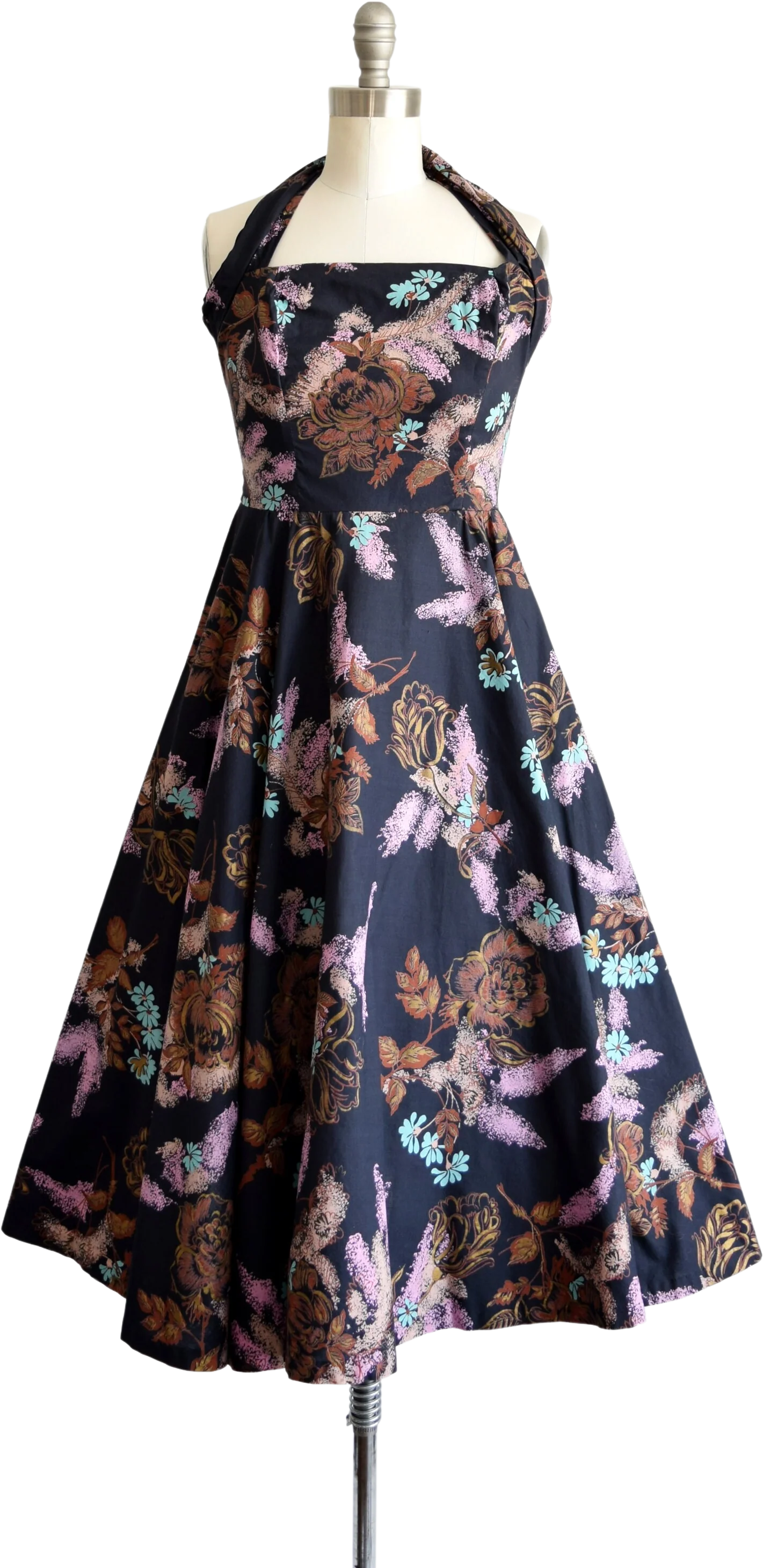 50s Halter Dress Vintage 50s Dress, Black Floral Metallic Cotton Fit and Flare Dress, Xs
