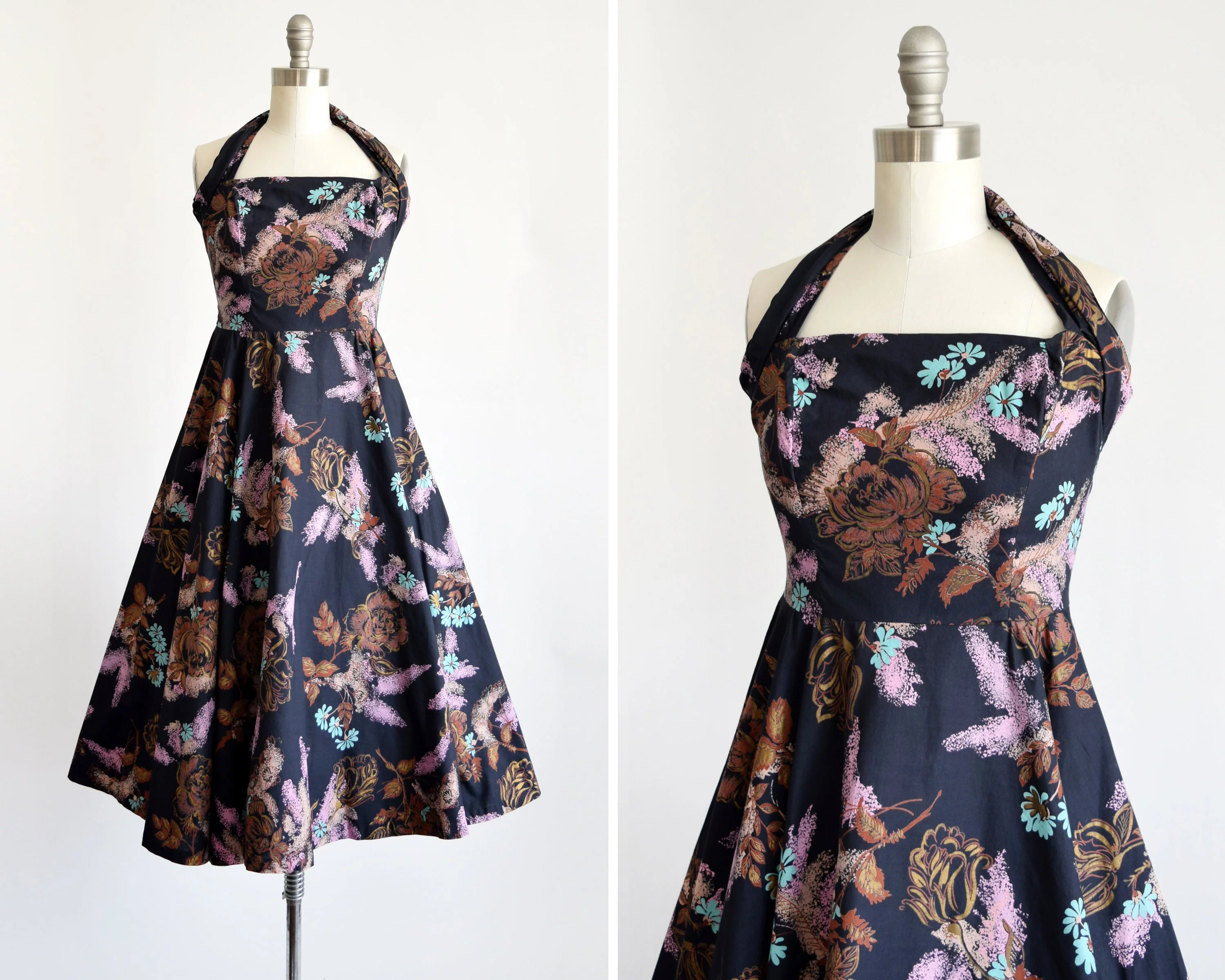 50s Halter Dress Vintage 50s Dress, Black Floral Metallic Cotton Fit and Flare Dress, Xs - Image 2