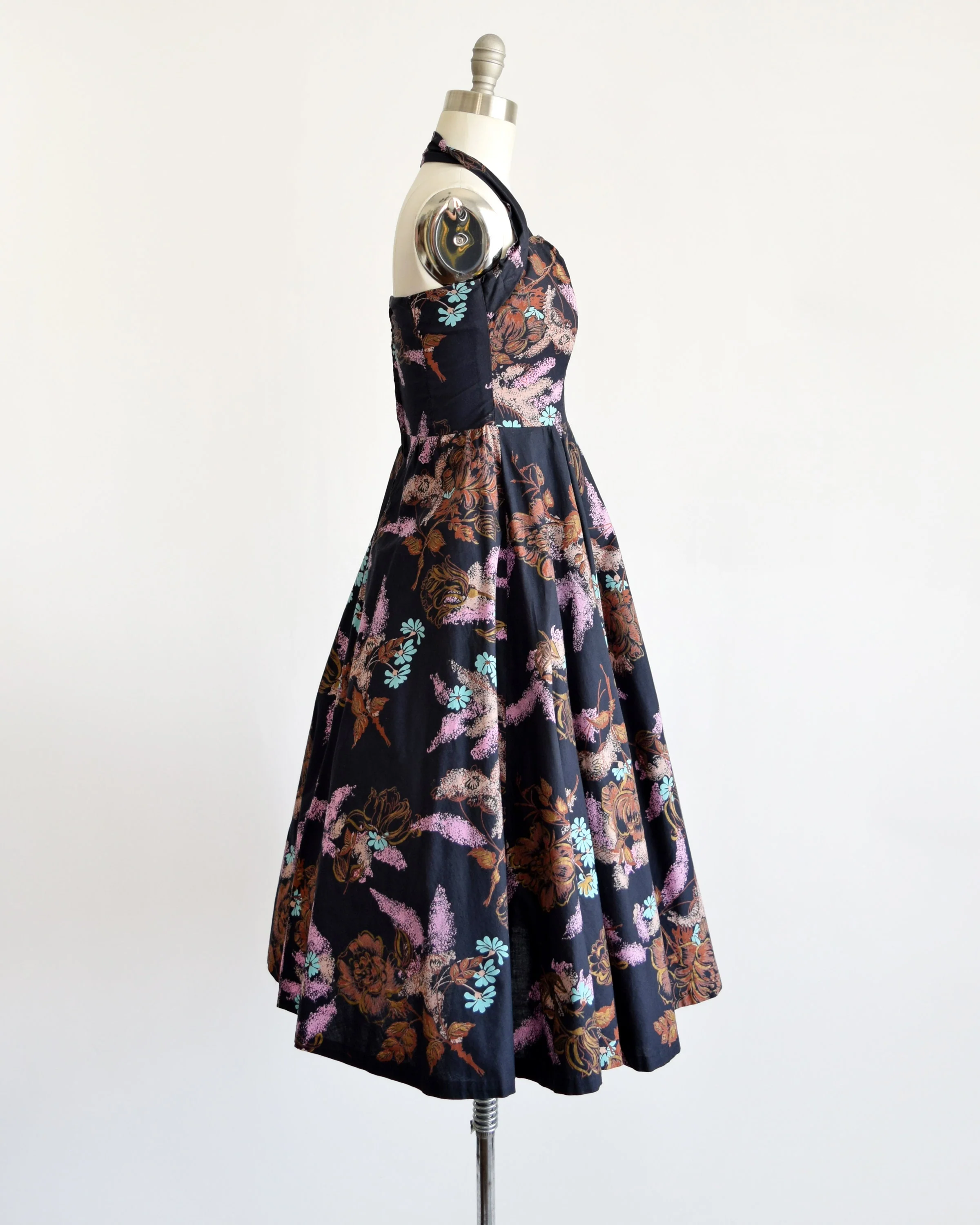50s Halter Dress Vintage 50s Dress, Black Floral Metallic Cotton Fit and Flare Dress, Xs - Image 3