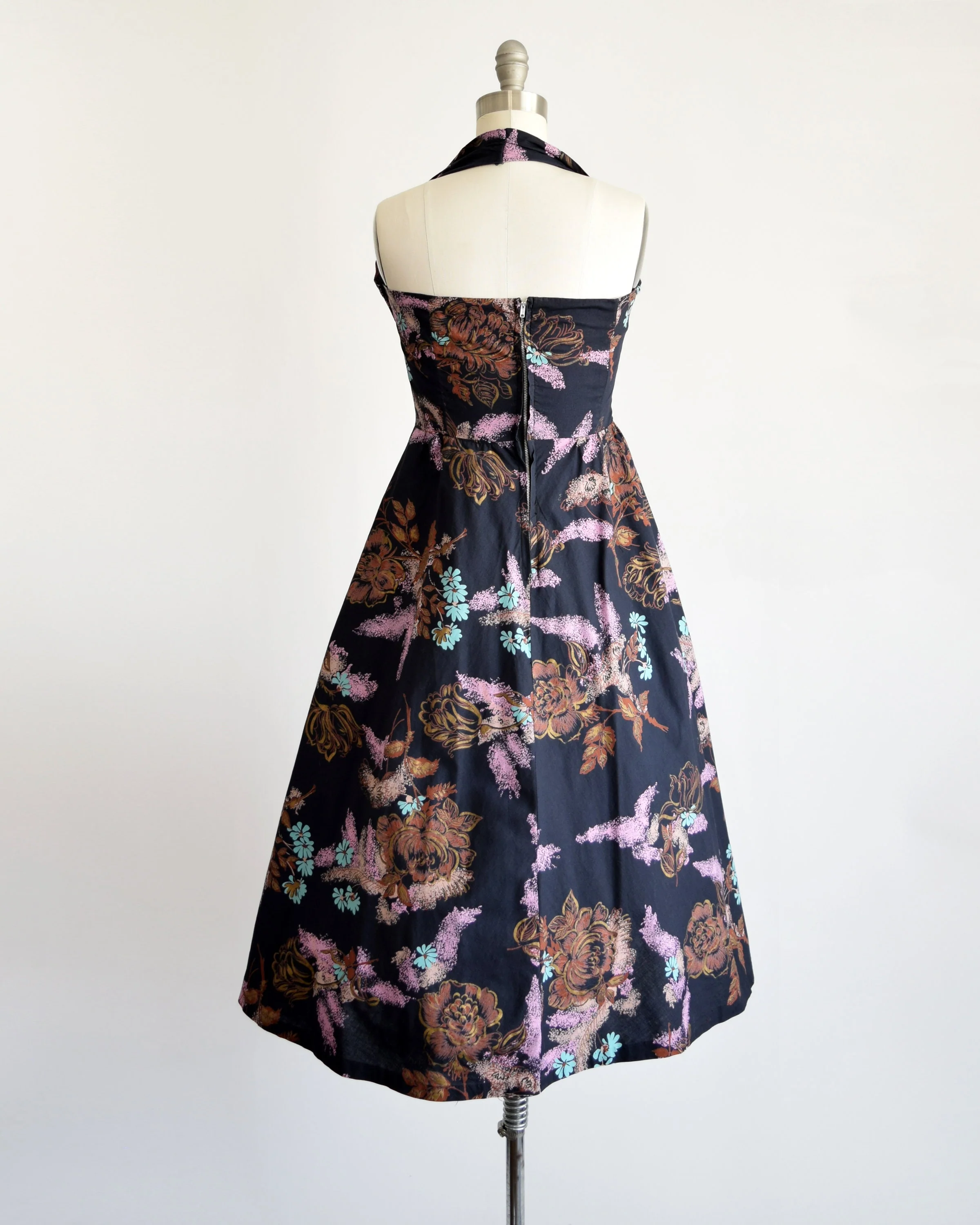 50s Halter Dress Vintage 50s Dress, Black Floral Metallic Cotton Fit and Flare Dress, Xs - Image 4