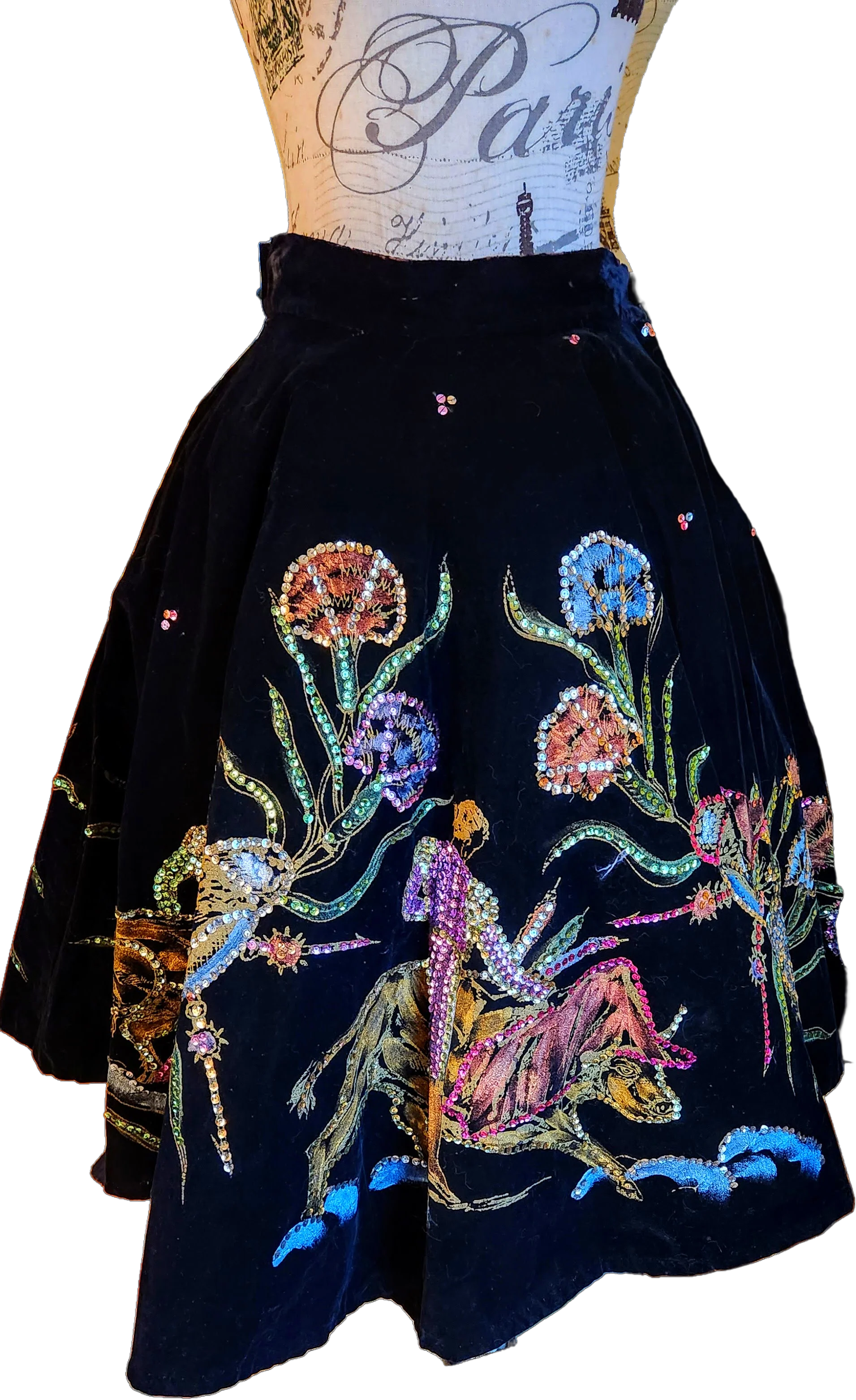 50s Hand Painted Velvet Skirt Bullfighters by Salpra Sa