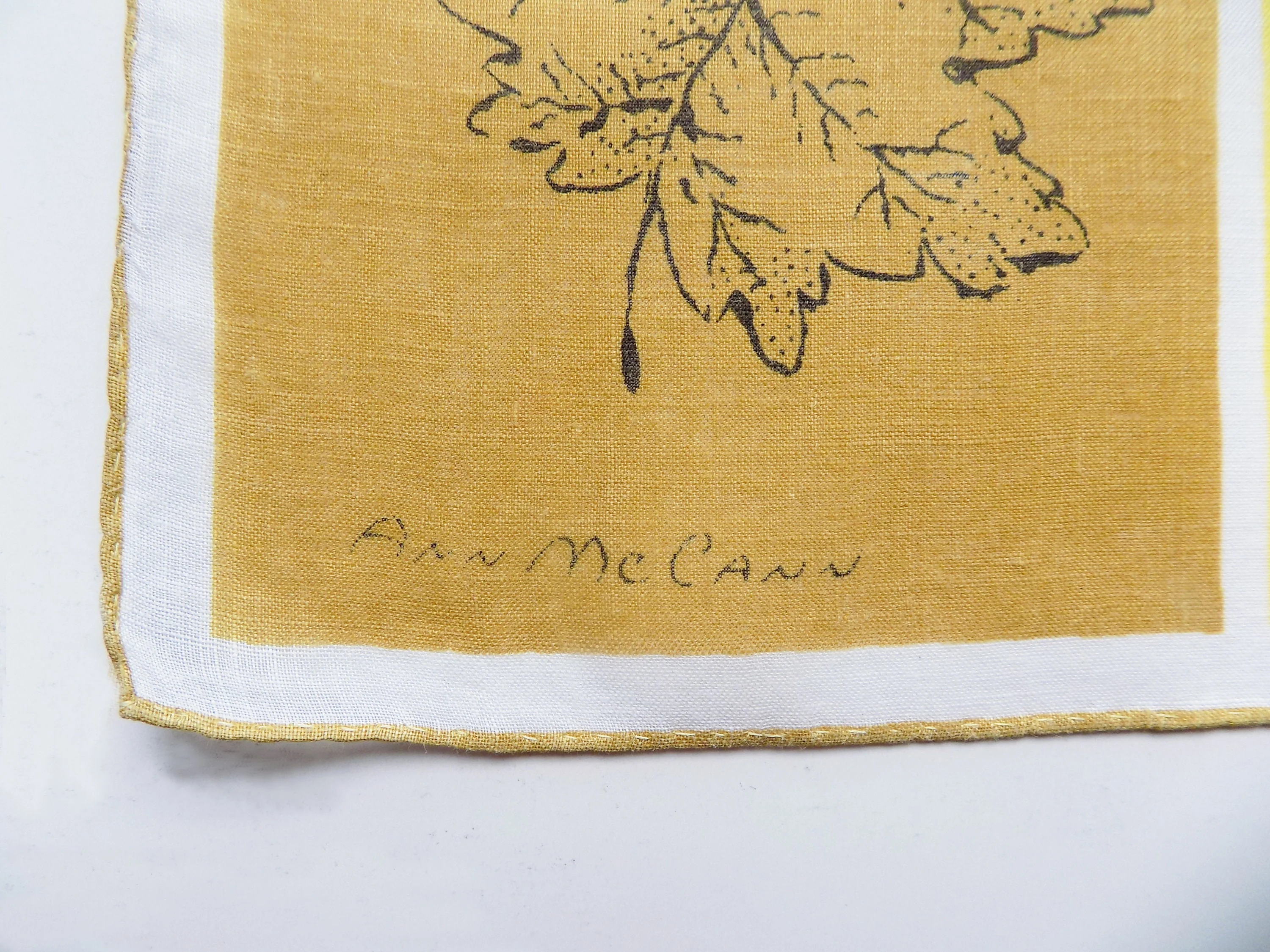 50s Hand Printed Cotton Handkerchief Fall Autumn Orange Atomic Mid-Century Yellow Oak Leaf Grape Leaf Brown by Ann McCann - Image 2