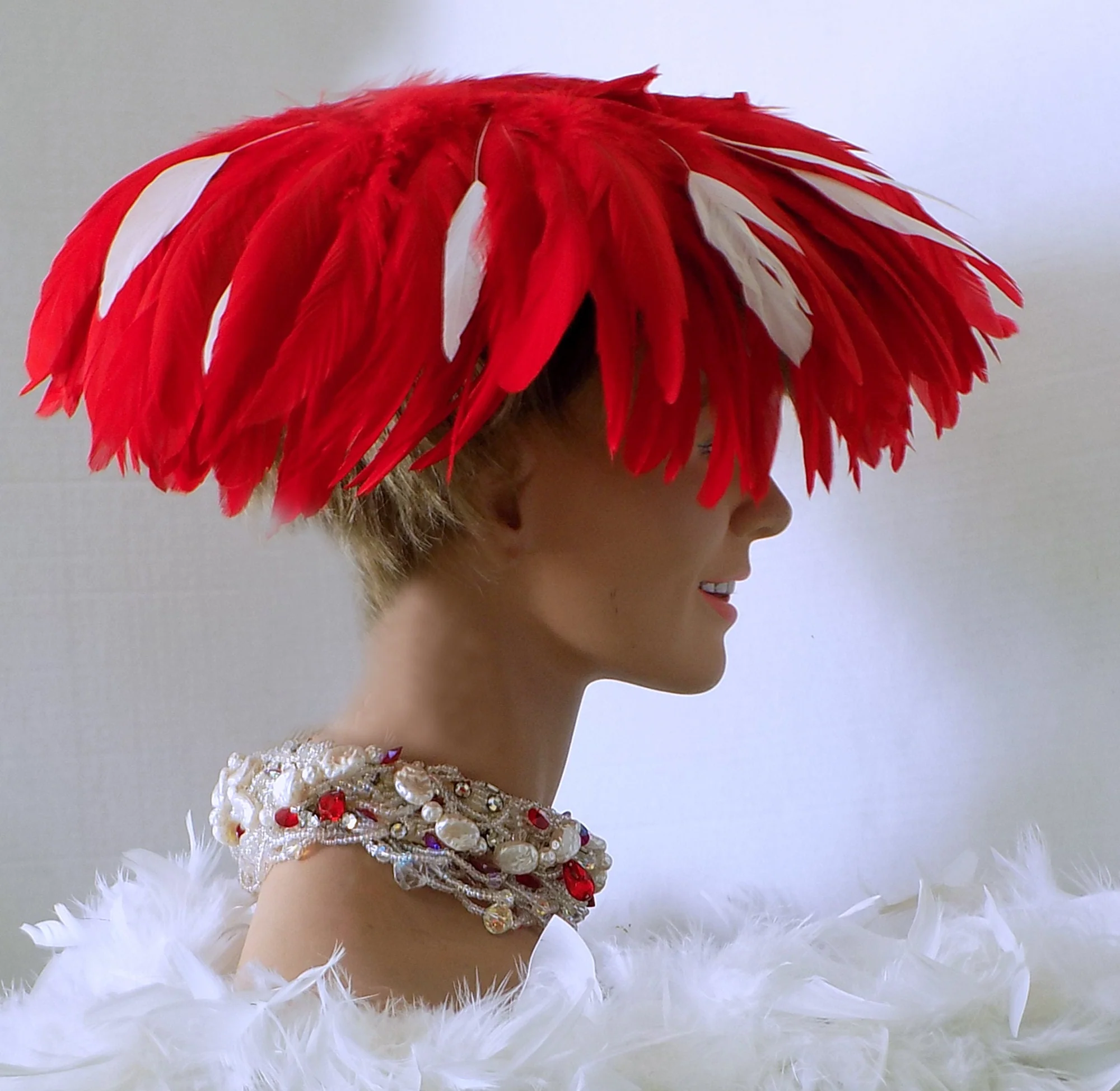 50s Hat Adorned with Las Vegas Show Girl Feathers 60s Vegas Strip Magic Show Red and White 22. 5 Size Wire Grips - Image 3