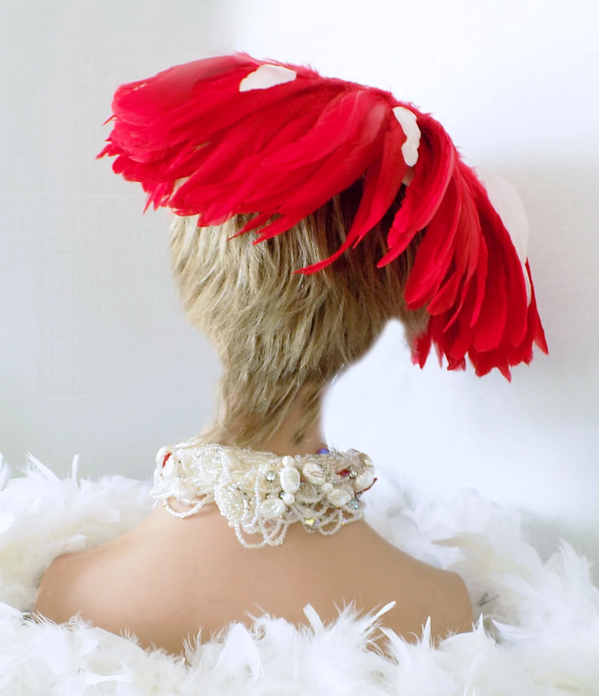 50s Hat Adorned with Las Vegas Show Girl Feathers 60s Vegas Strip Magic Show Red and White 22. 5 Size Wire Grips - Image 4