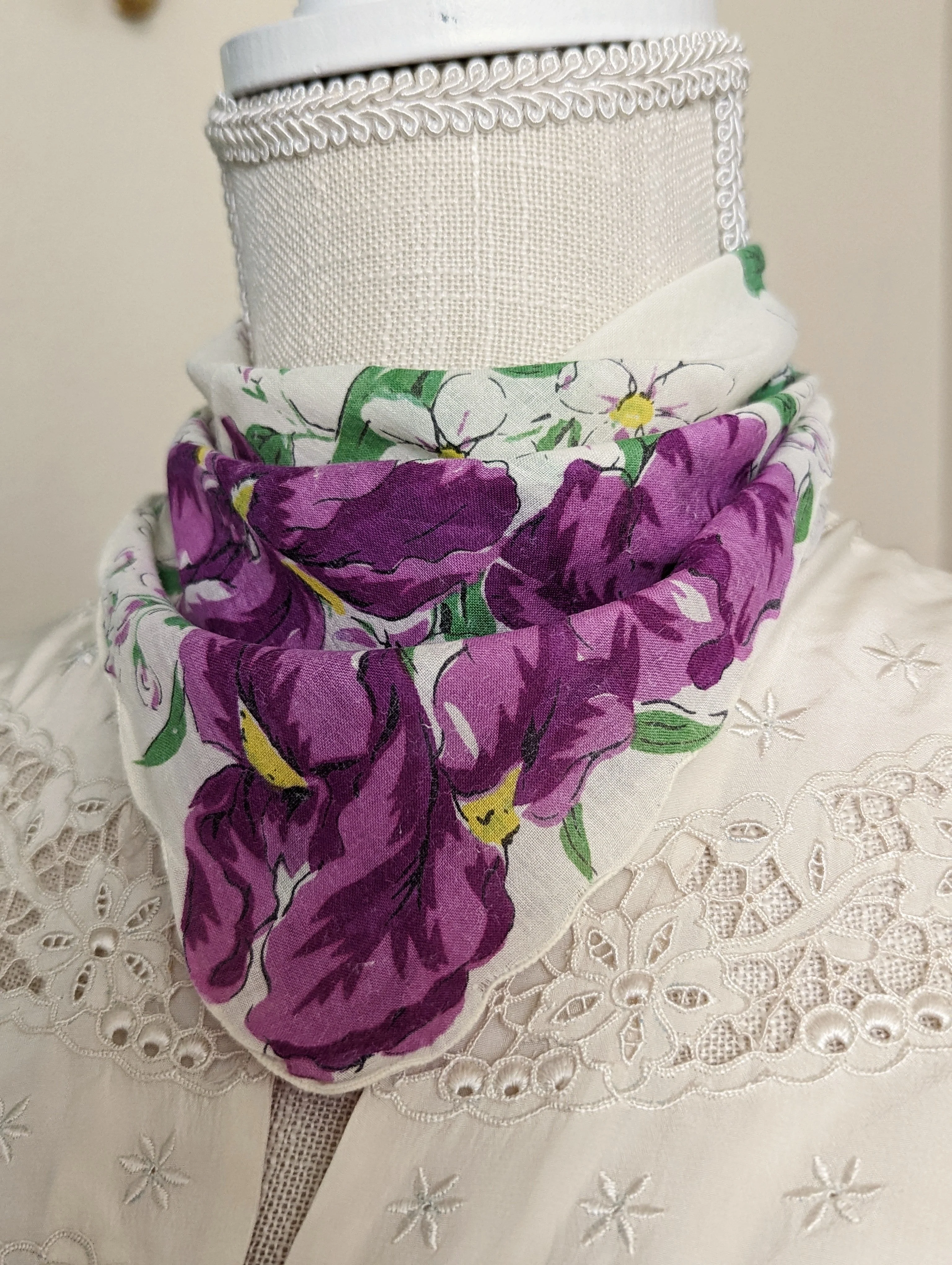 50s "iris In Bloom" Floral Purple Scarf Handkerchief with Hand Rolled Scalloped Edge - Image 2