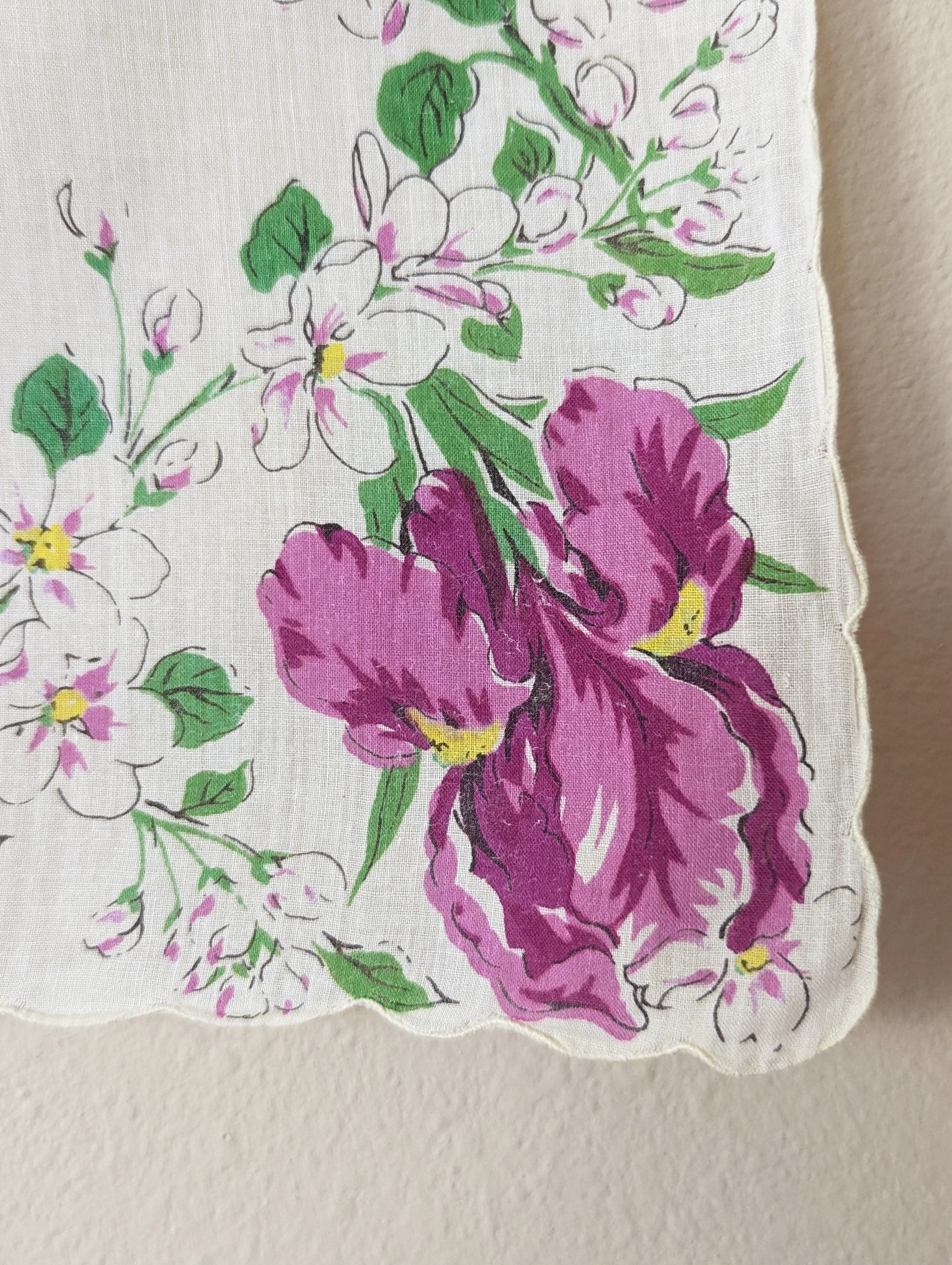50s "iris In Bloom" Floral Purple Scarf Handkerchief with Hand Rolled Scalloped Edge - Image 3