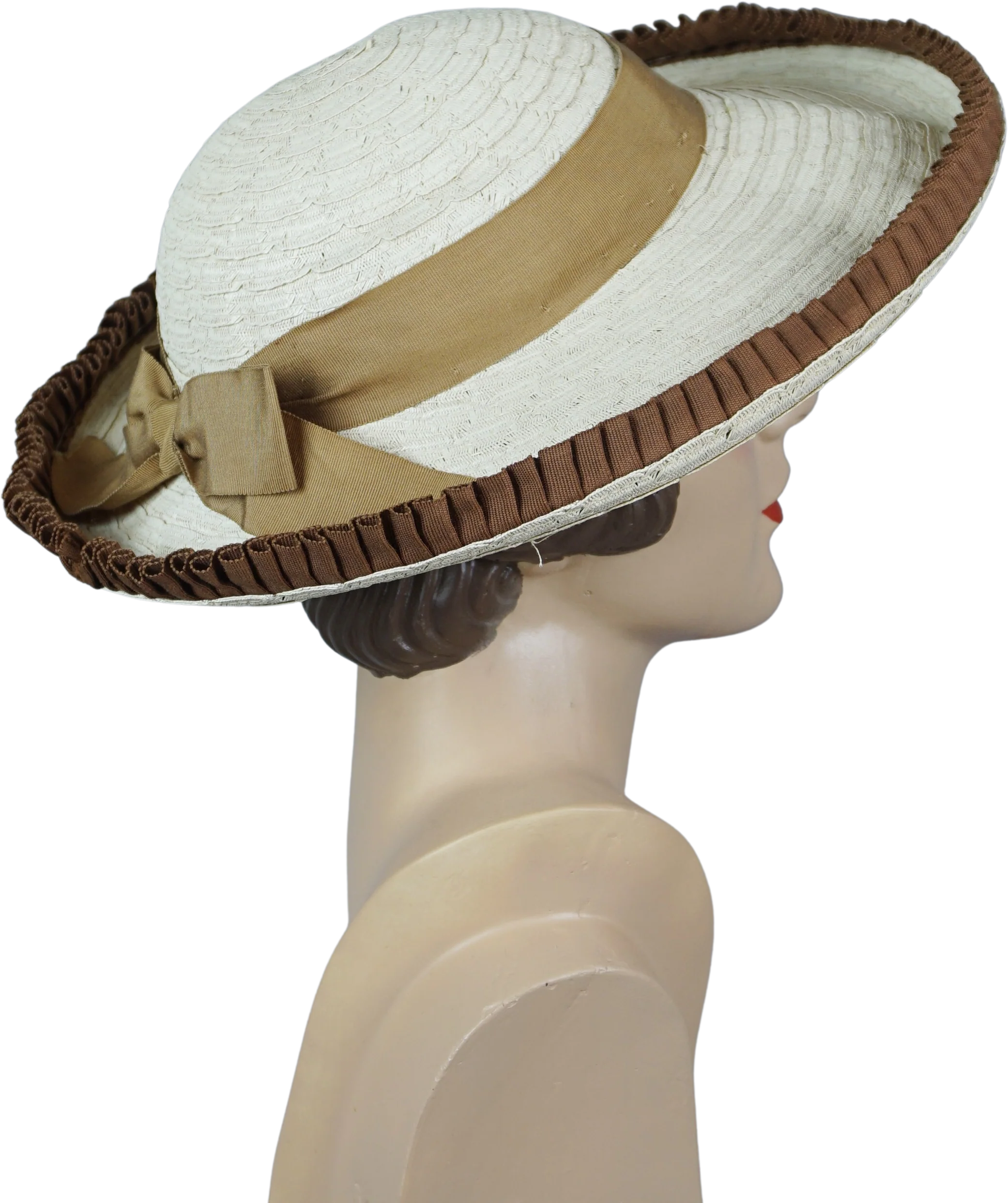 50s Ivory And Taupe Wide Brim Straw Sun Hat