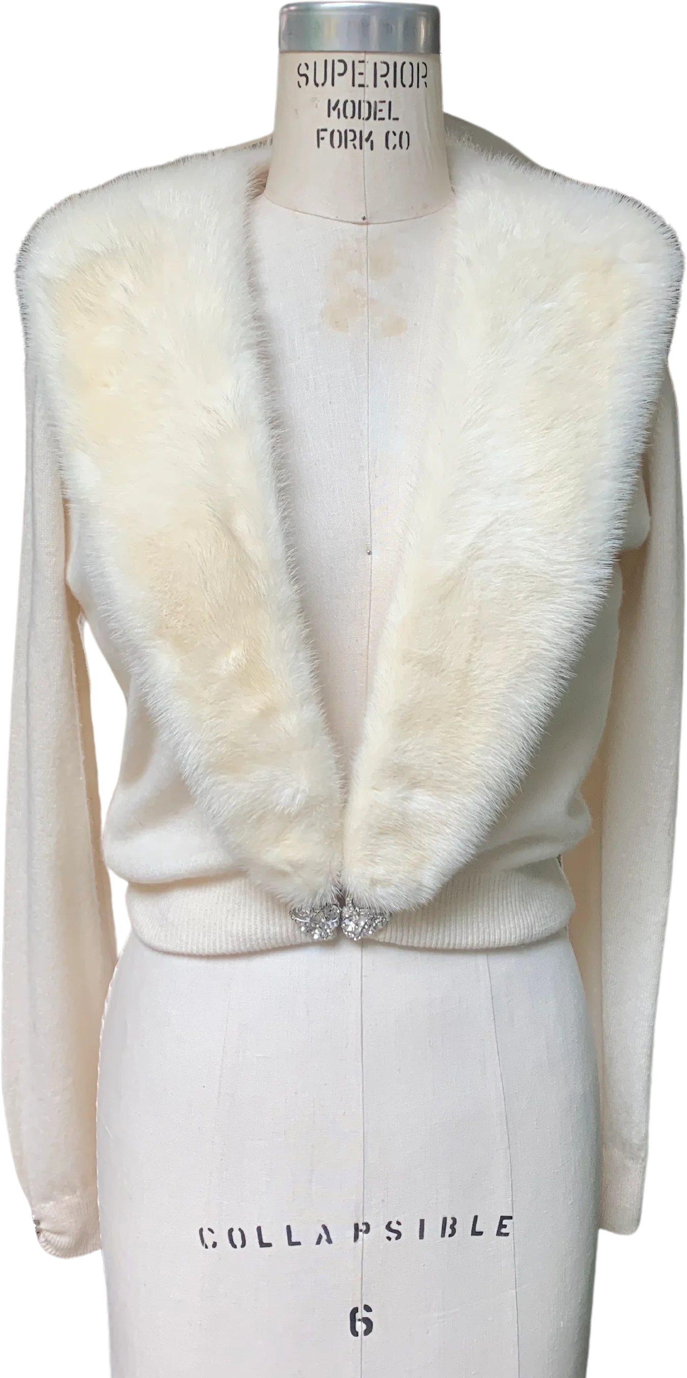 50s Ivory Cashmere And Mink Collar Rhinestone Sweater