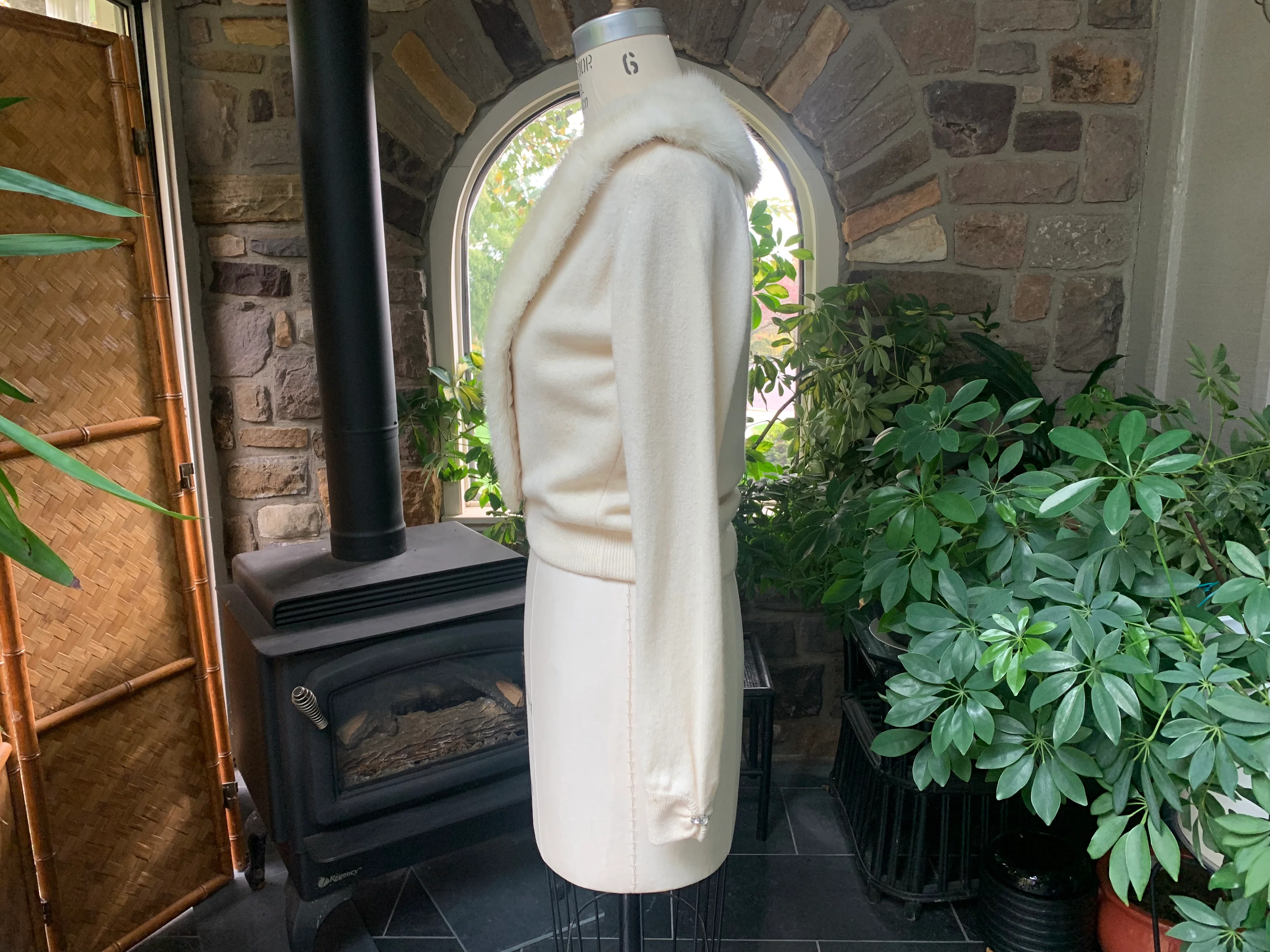 50s Ivory Cashmere And Mink Collar Rhinestone Sweater - Image 4