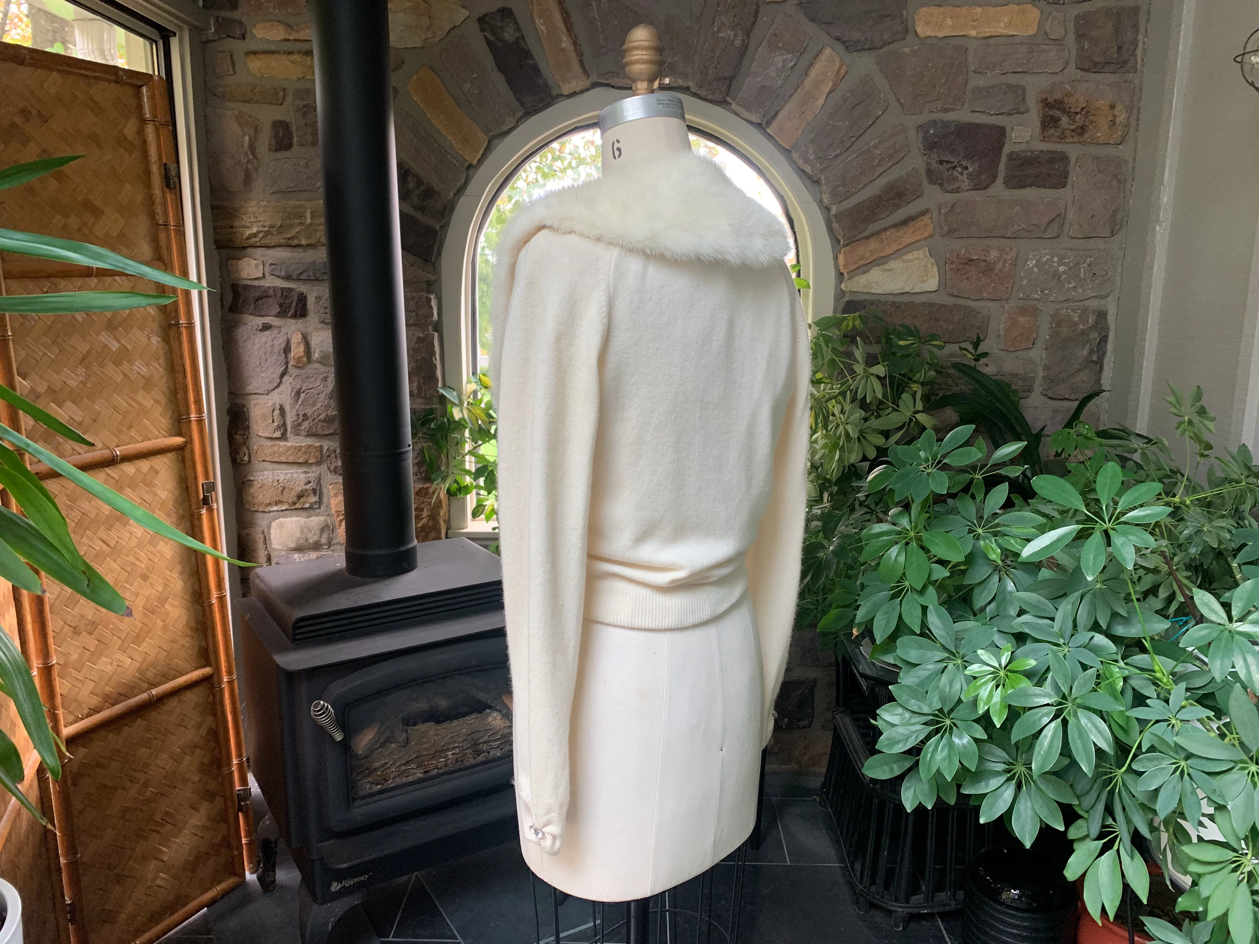 50s Ivory Cashmere And Mink Collar Rhinestone Sweater - Image 5