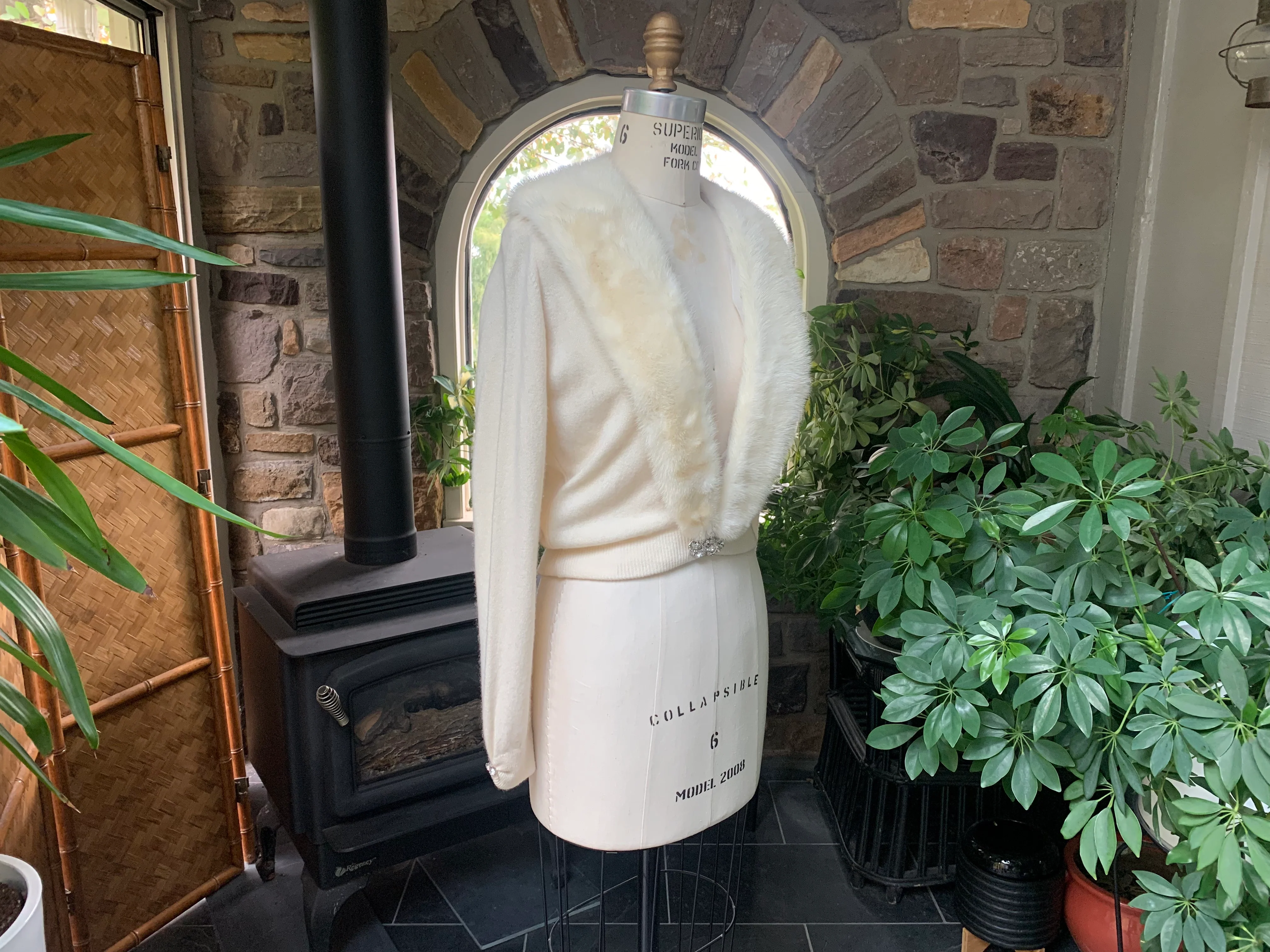 50s Ivory Cashmere And Mink Collar Rhinestone Sweater - Image 8