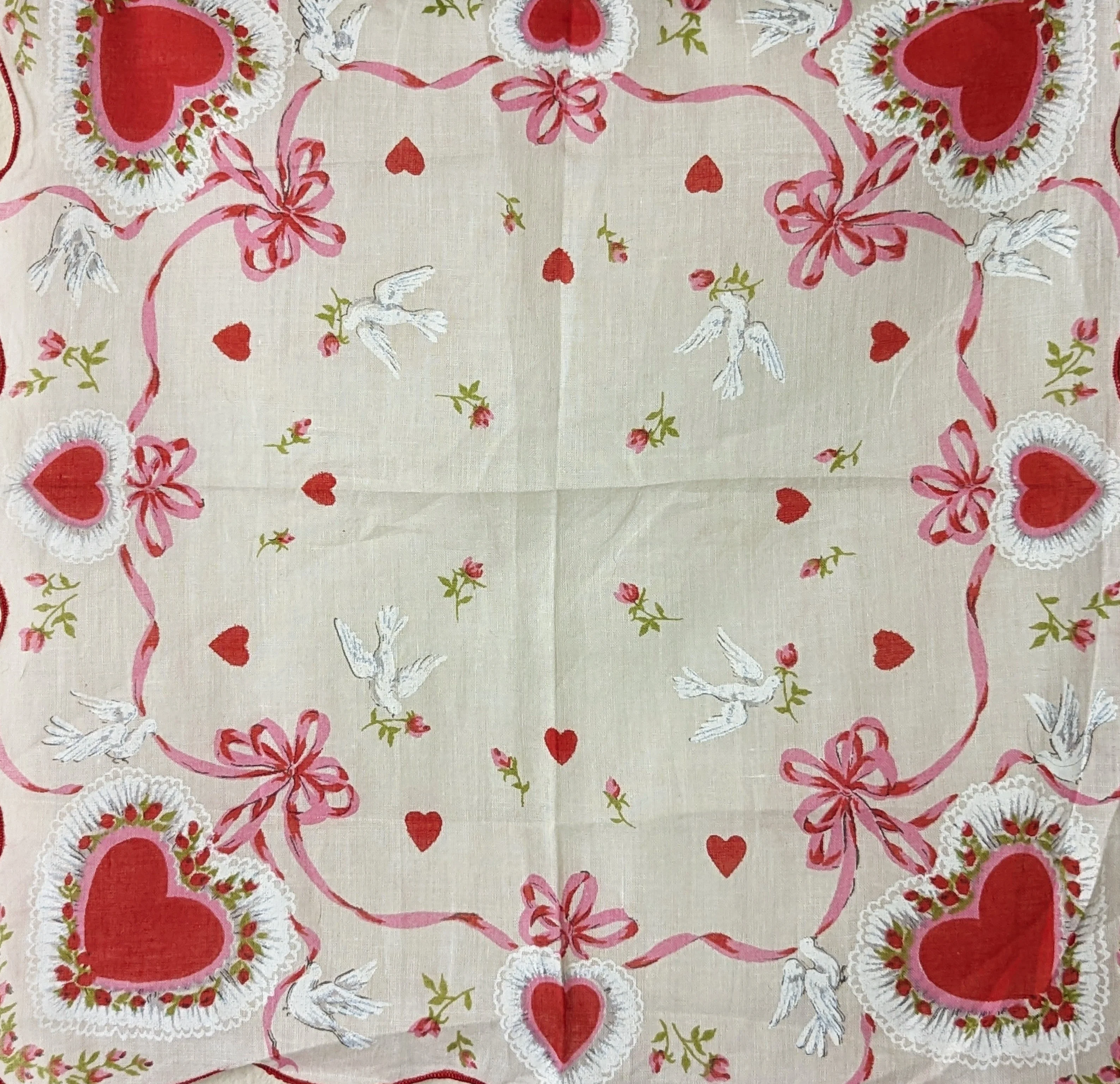 50s "love Birds" Dove and Heart Scarf Handkerchief with Scalloped Edges