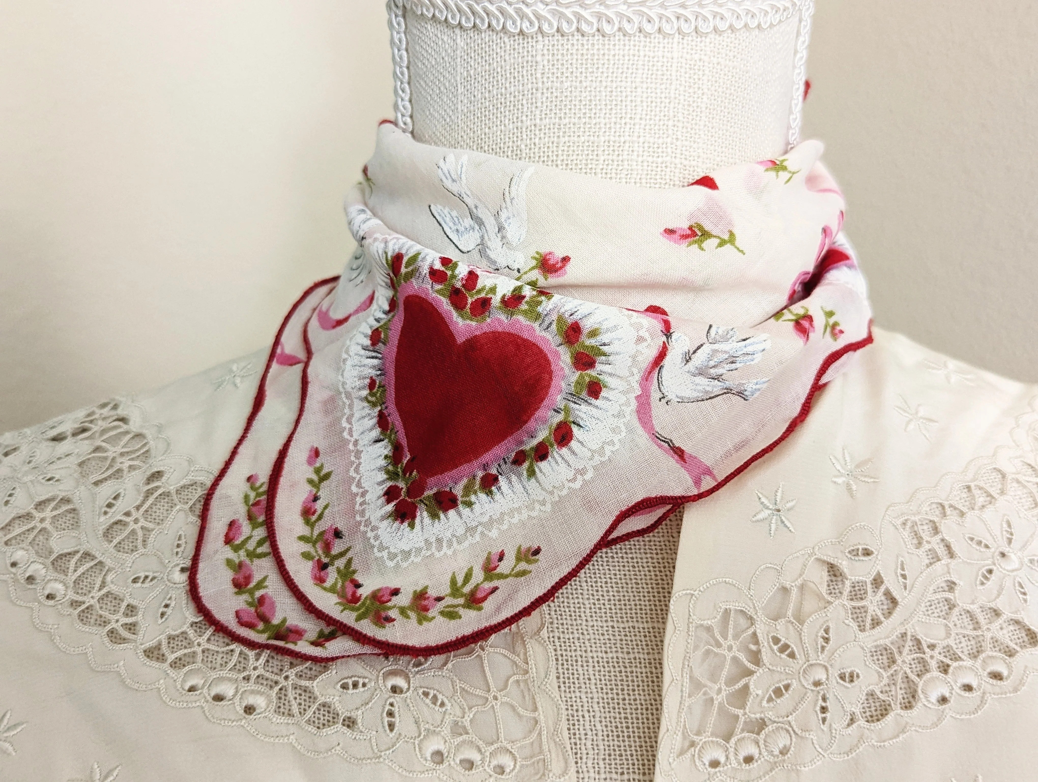 50s "love Birds" Dove and Heart Scarf Handkerchief with Scalloped Edges - Image 2