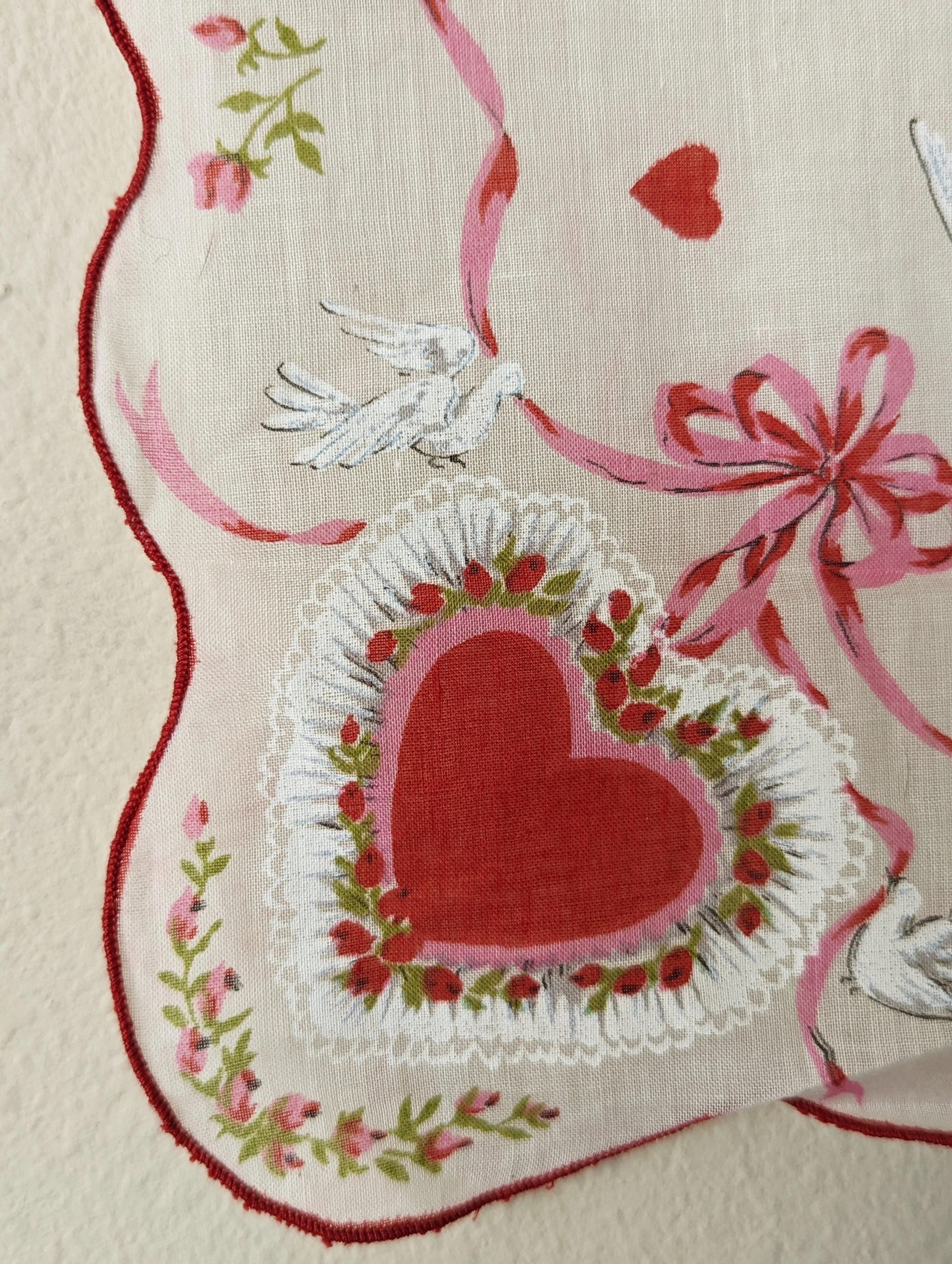 50s "love Birds" Dove and Heart Scarf Handkerchief with Scalloped Edges - Image 3