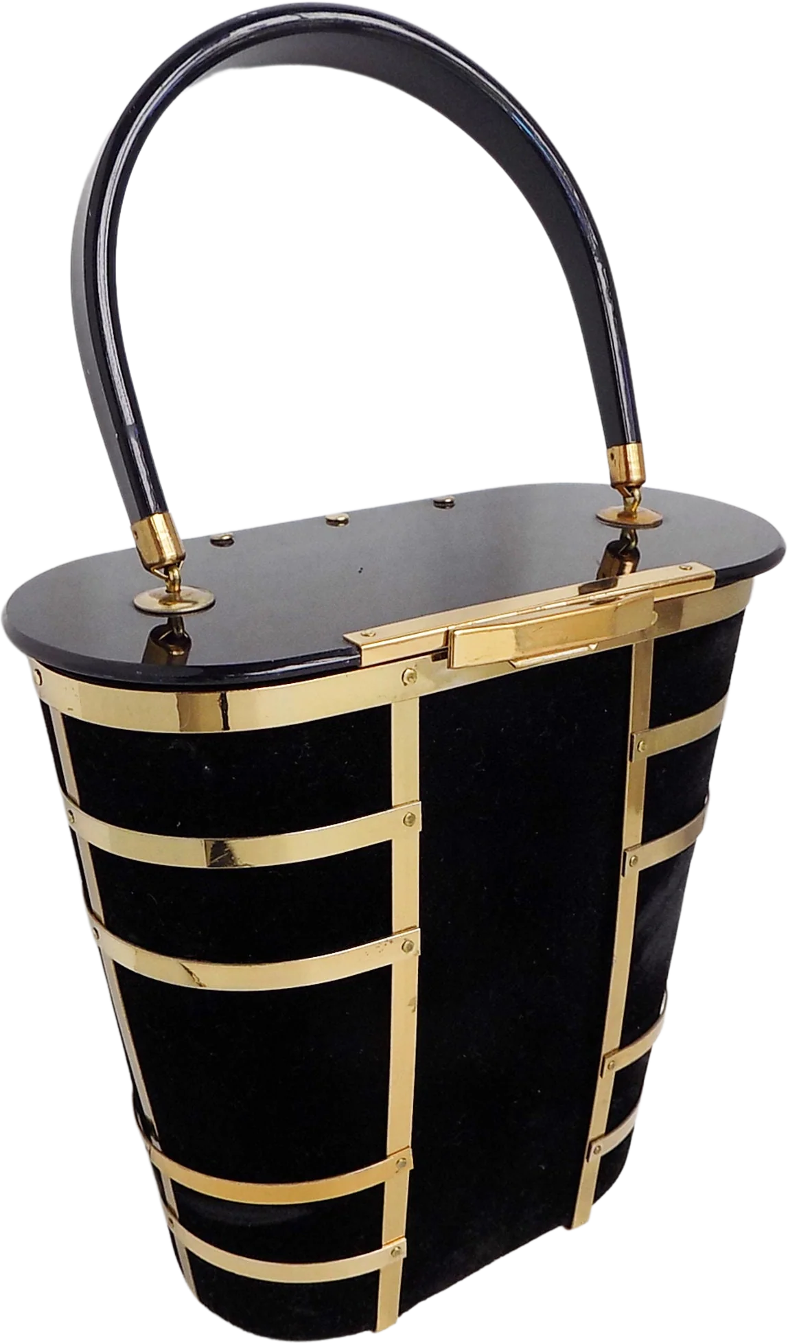 50s Majestic Plastic and Velvet Purse Featuring Gold Tone "cage" Mint Interior Missing One Rivet Elegant Chic Black