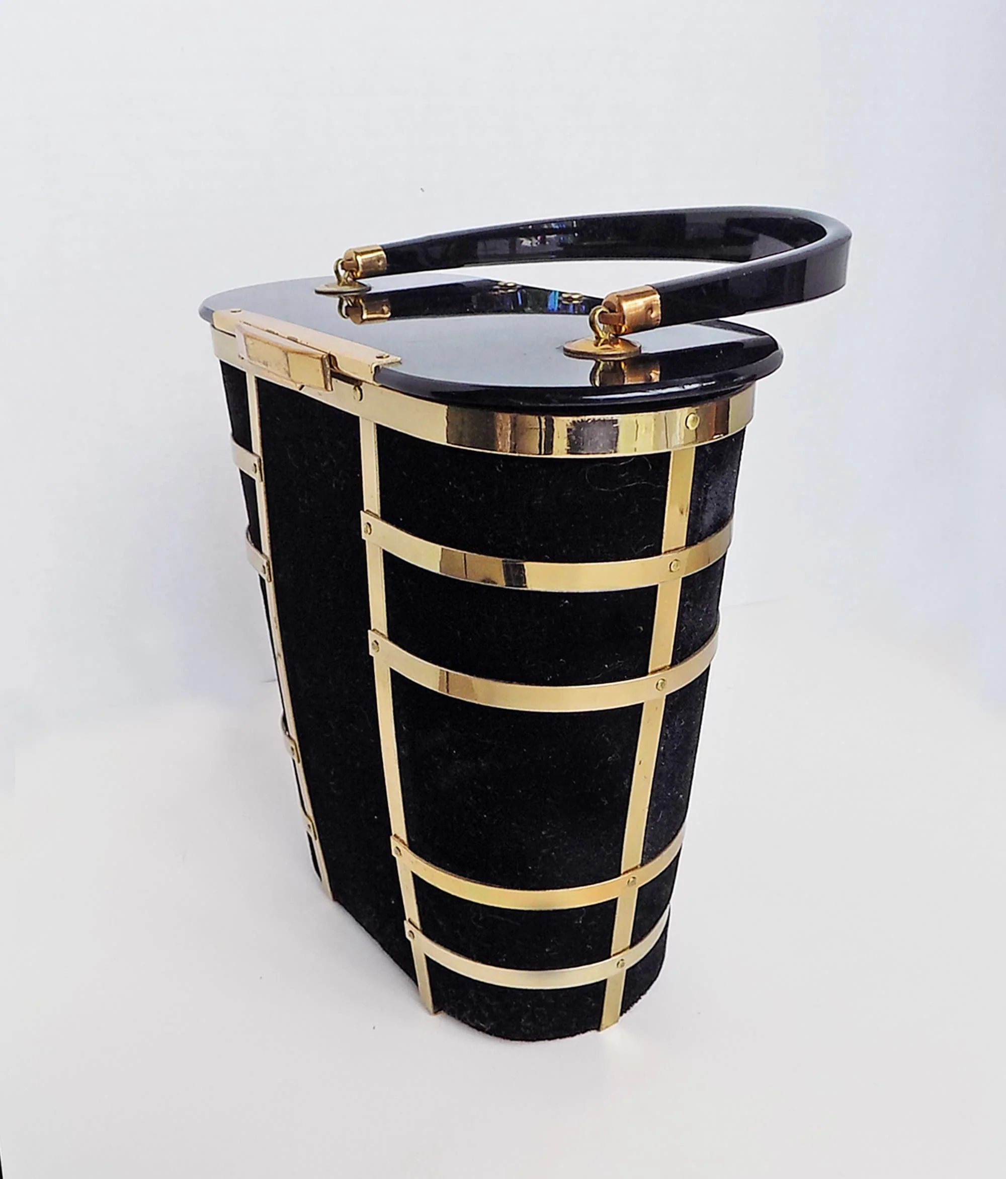 50s Majestic Plastic and Velvet Purse Featuring Gold Tone "cage" Mint Interior Missing One Rivet Elegant Chic Black - Image 2