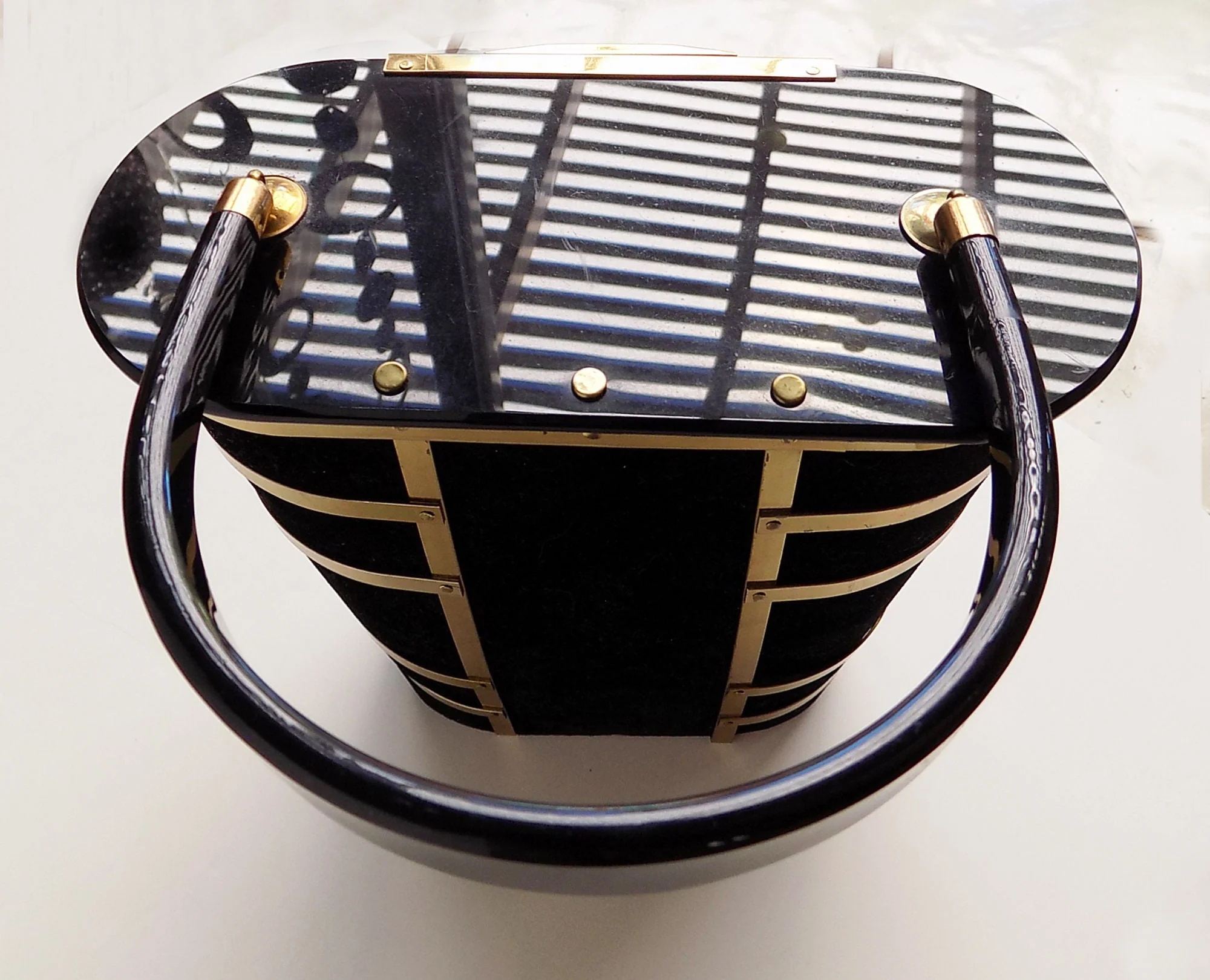 50s Majestic Plastic and Velvet Purse Featuring Gold Tone "cage" Mint Interior Missing One Rivet Elegant Chic Black - Image 3