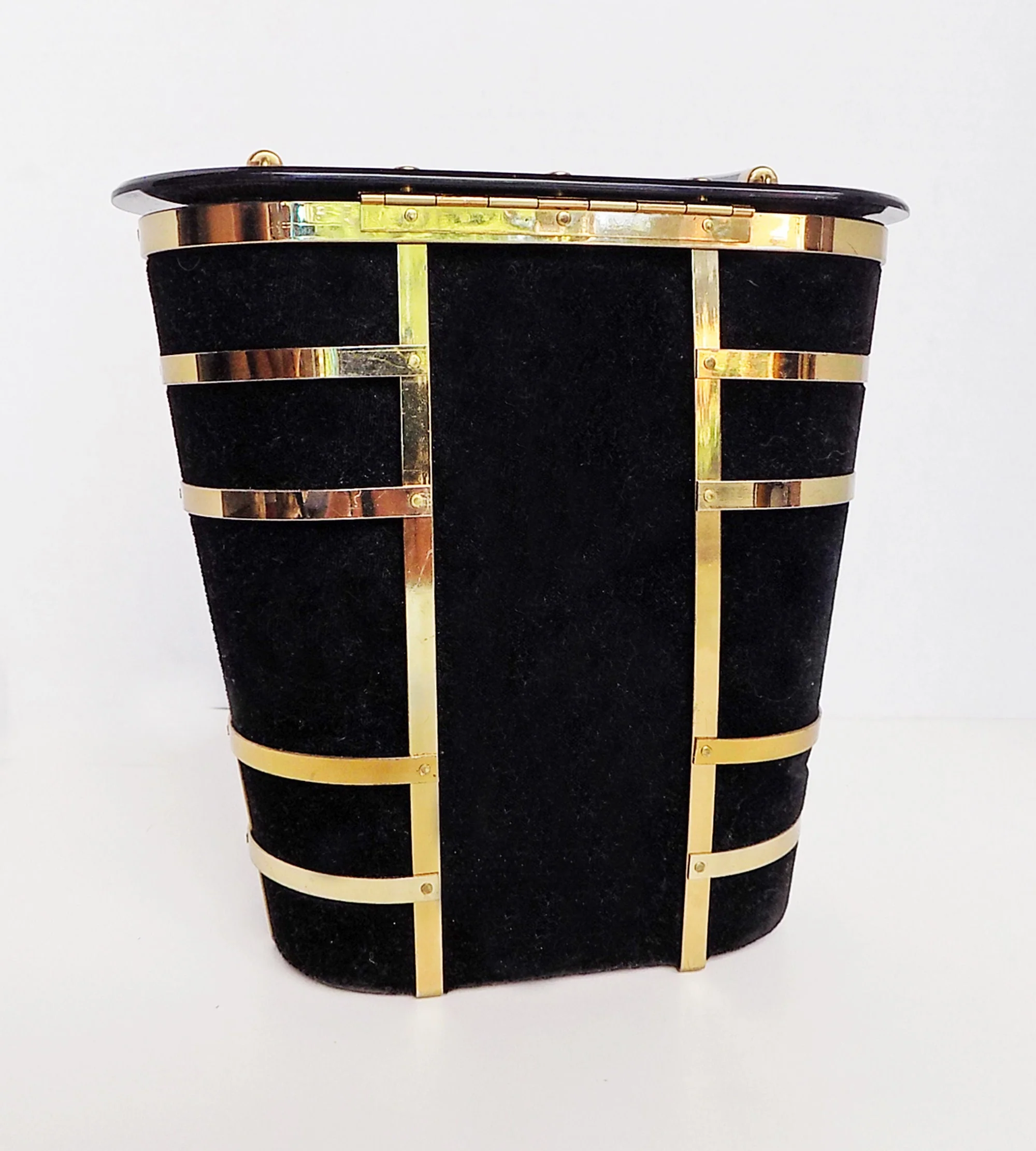 50s Majestic Plastic and Velvet Purse Featuring Gold Tone "cage" Mint Interior Missing One Rivet Elegant Chic Black - Image 4