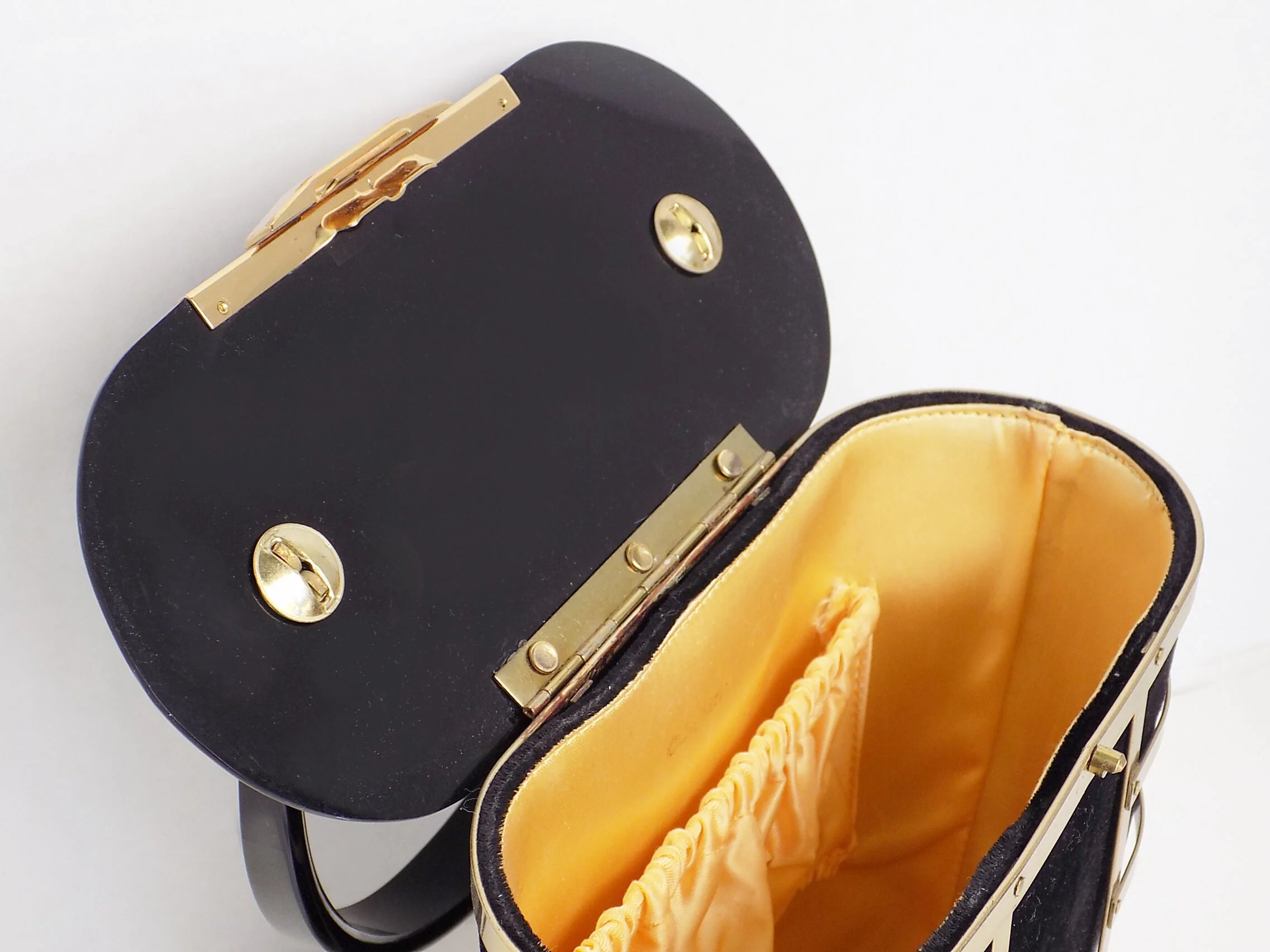 50s Majestic Plastic and Velvet Purse Featuring Gold Tone "cage" Mint Interior Missing One Rivet Elegant Chic Black - Image 5