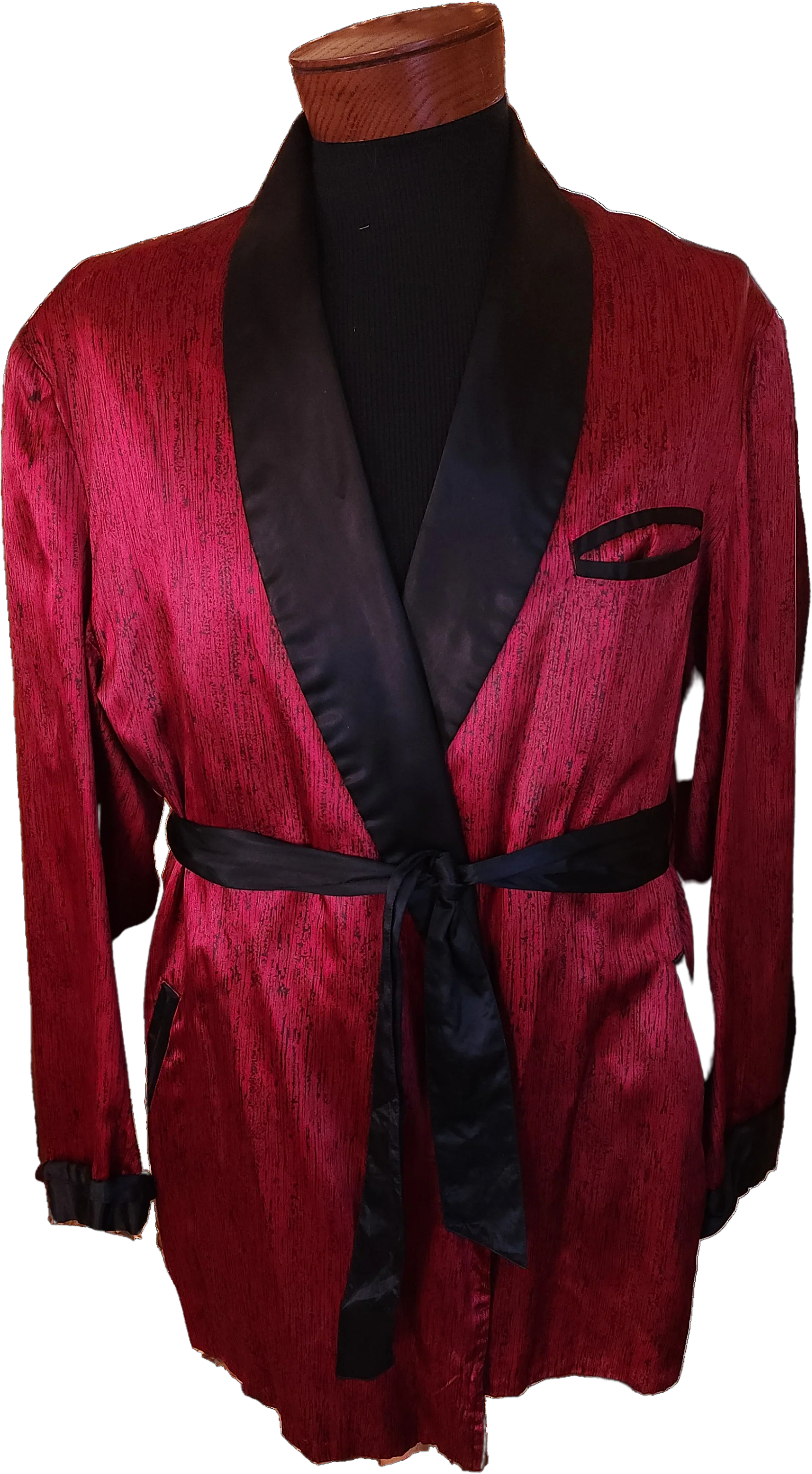 50s Men's Red And Black Satin Smoking Jacket By Erie Clothiers Gentlemens Apparel