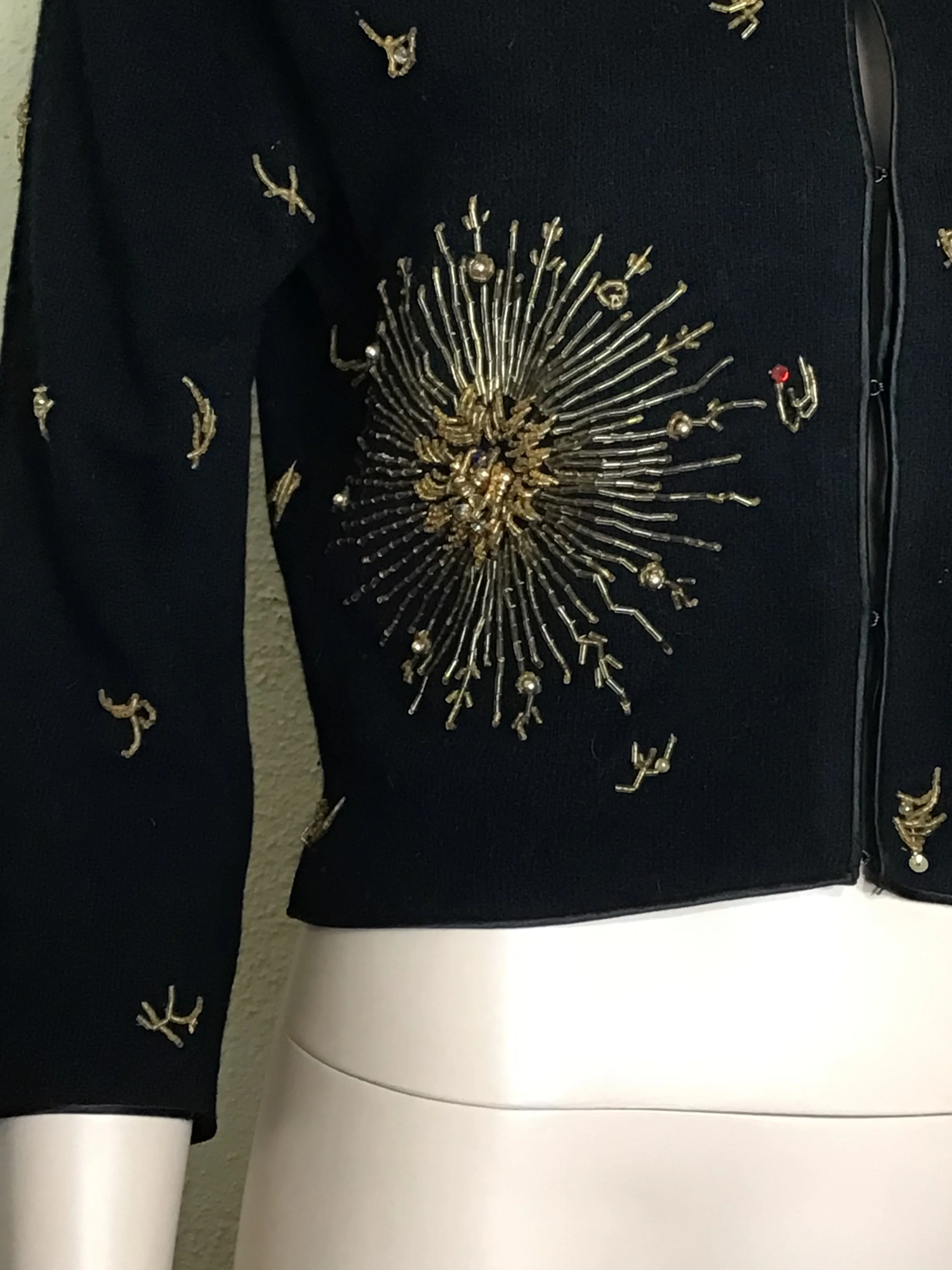 50s Mid Century Black Gold Beaded Cardigan Sweater - Image 3