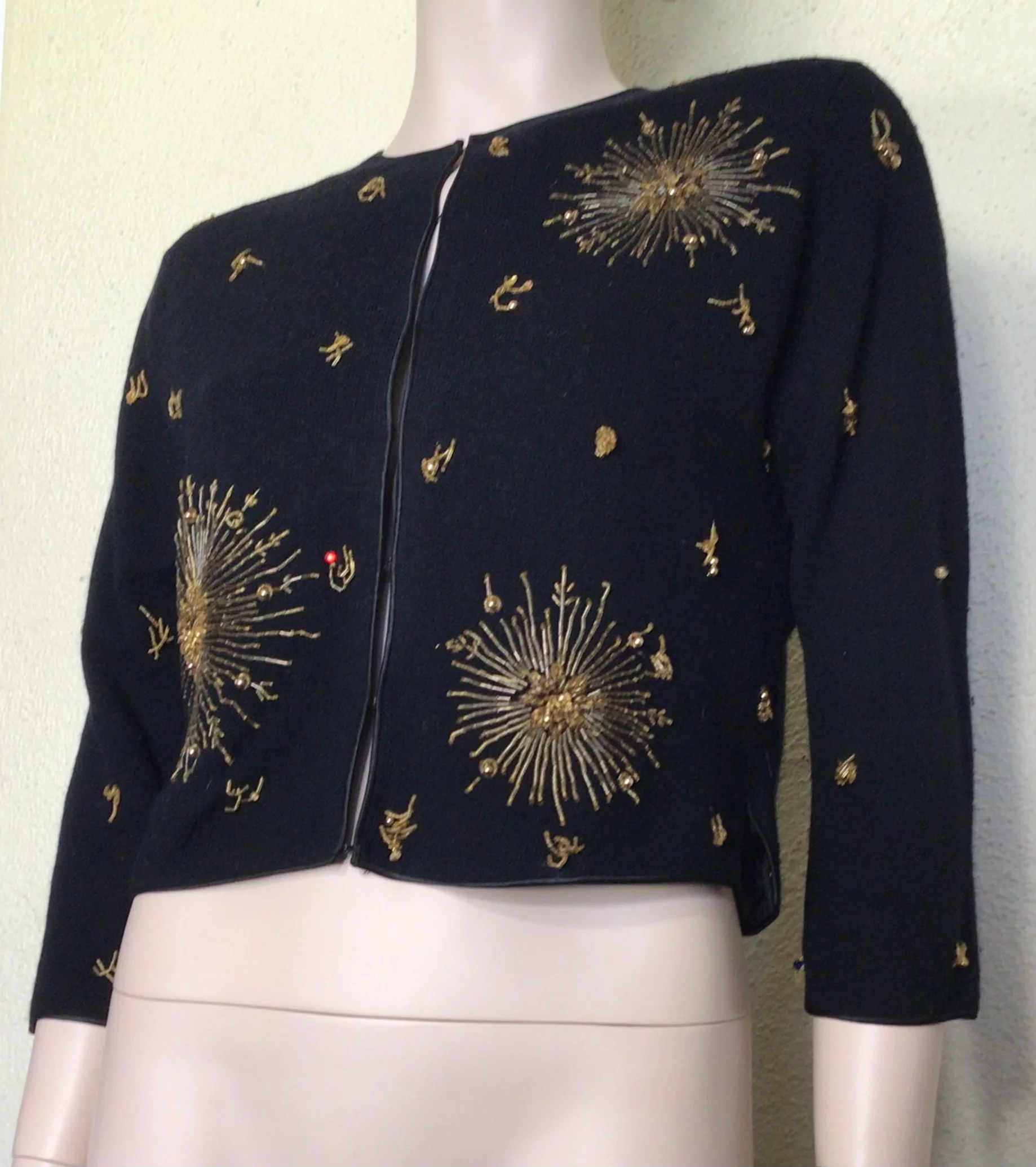 50s Mid Century Black Gold Beaded Cardigan Sweater - Image 4