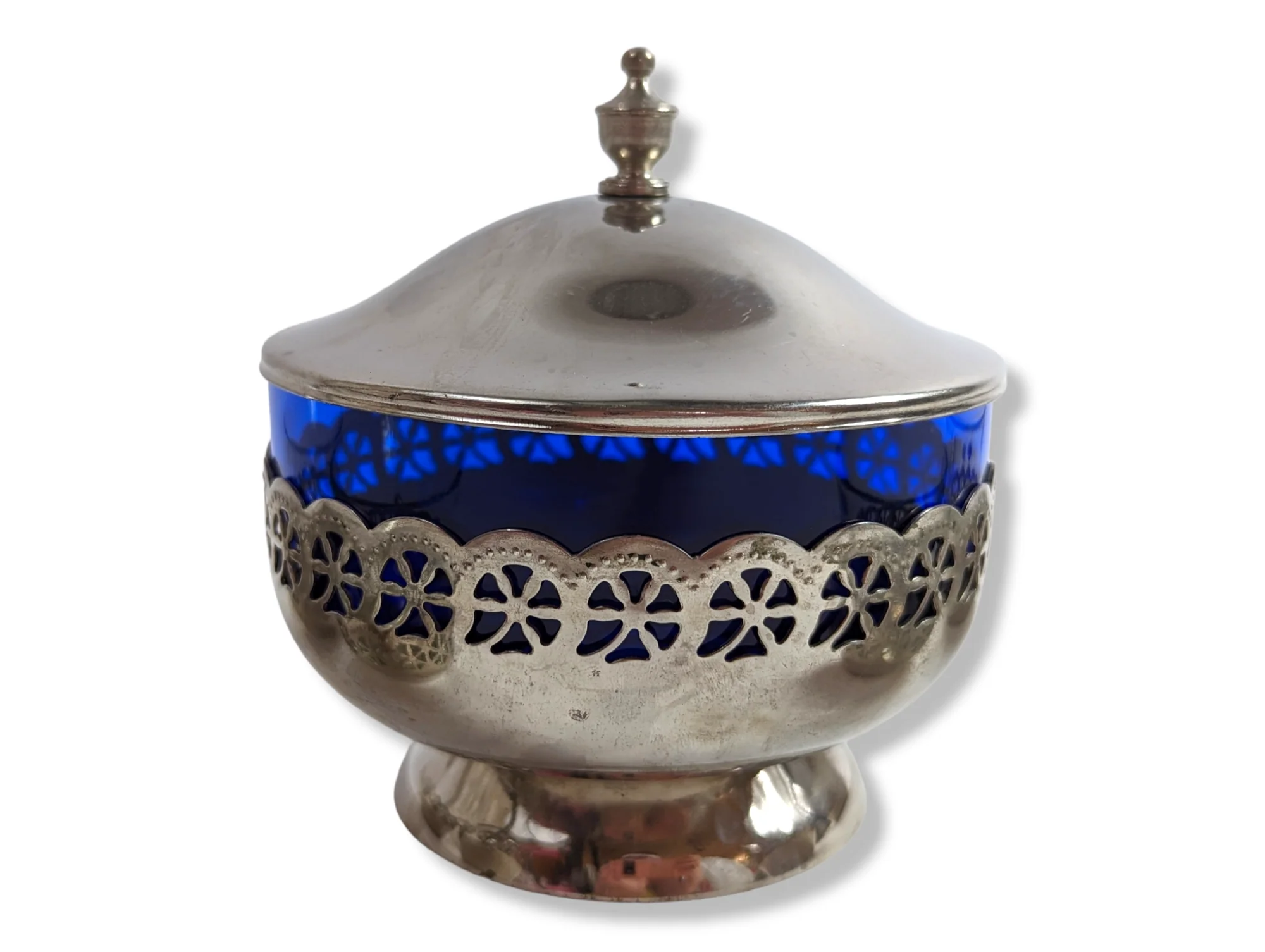 50s Mid Century Modern Cobalt Blue Crystal and Nickel Plated Ukraine Russia Ussr Sugar Candy Bowl and Cups with Holders Set of 10 Pieces - Image 2