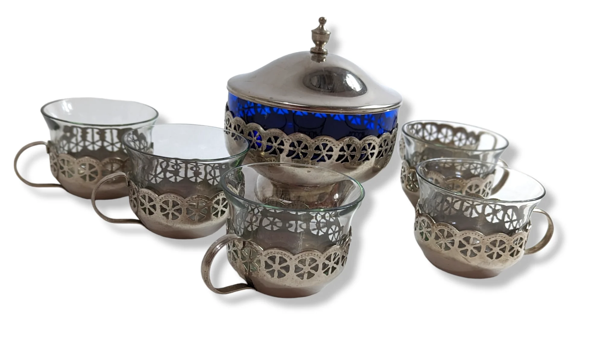 50s Mid Century Modern Cobalt Blue Crystal and Nickel Plated Ukraine Russia Ussr Sugar Candy Bowl and Cups with Holders Set of 10 Pieces - Image 5
