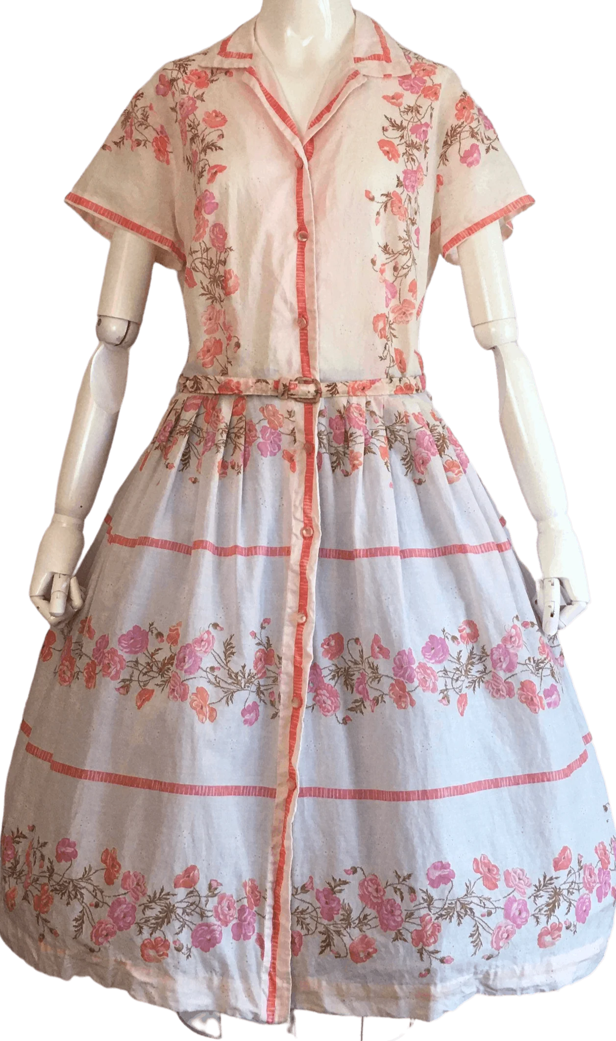 50's Modern Classic Floral Rose, Voile Cotton Button Down Shirtwaist Dress by Modern Classic