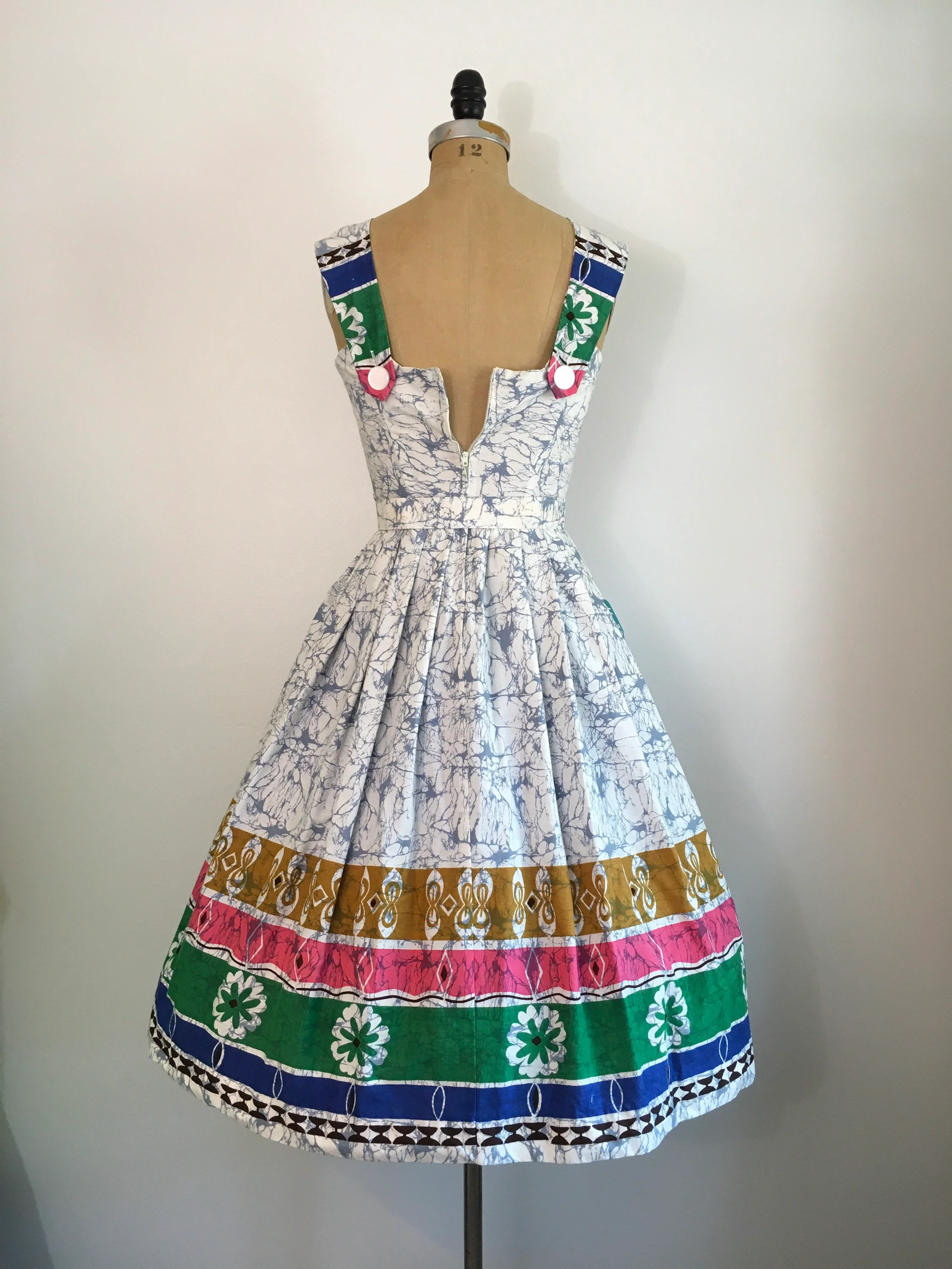 50's Multicolor Border Print Dress by Dolly Myers California Hand Prints - Image 2
