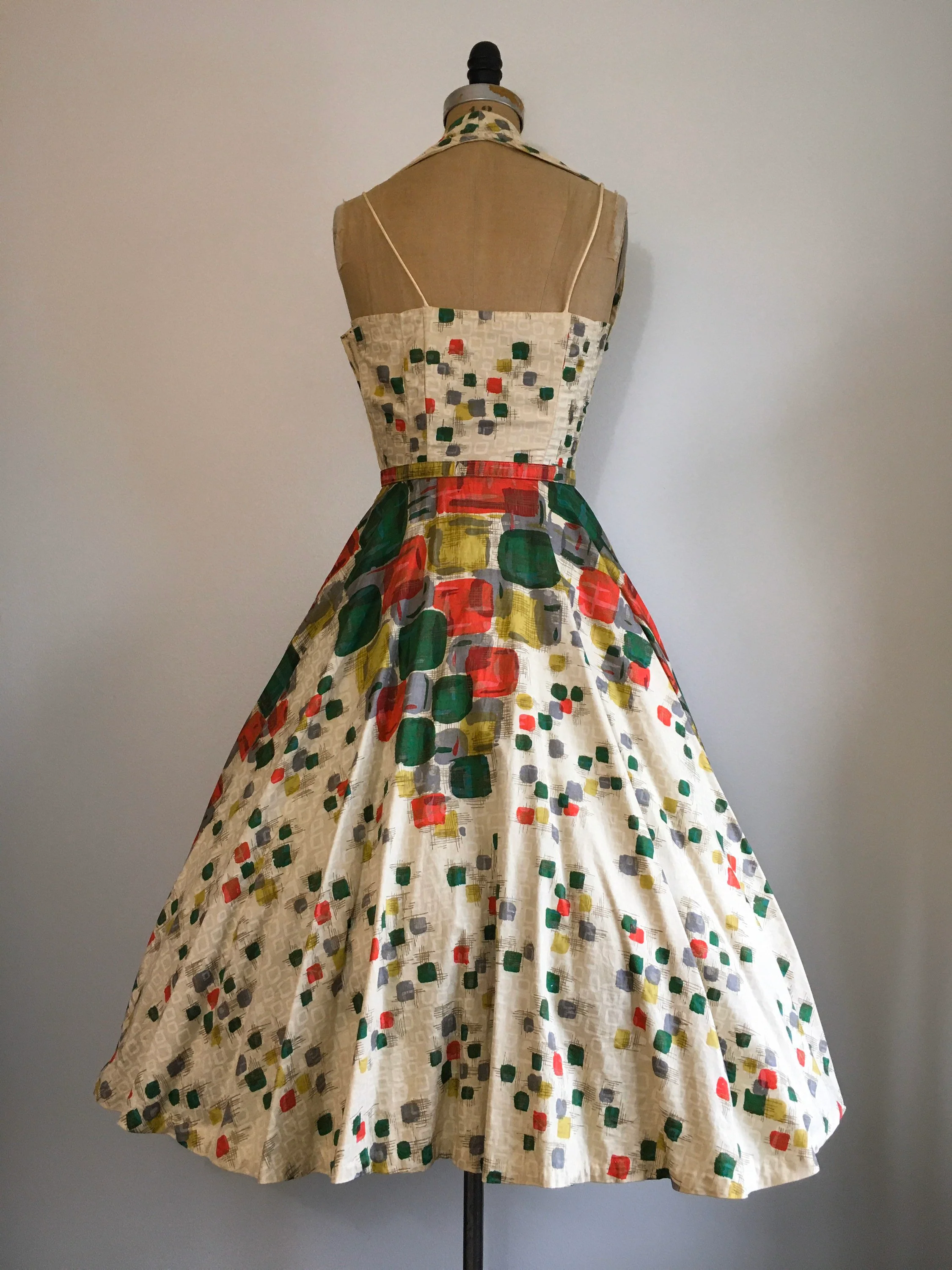 50's Multicolor Square Print Collared Dress by Claudia Young - Image 2