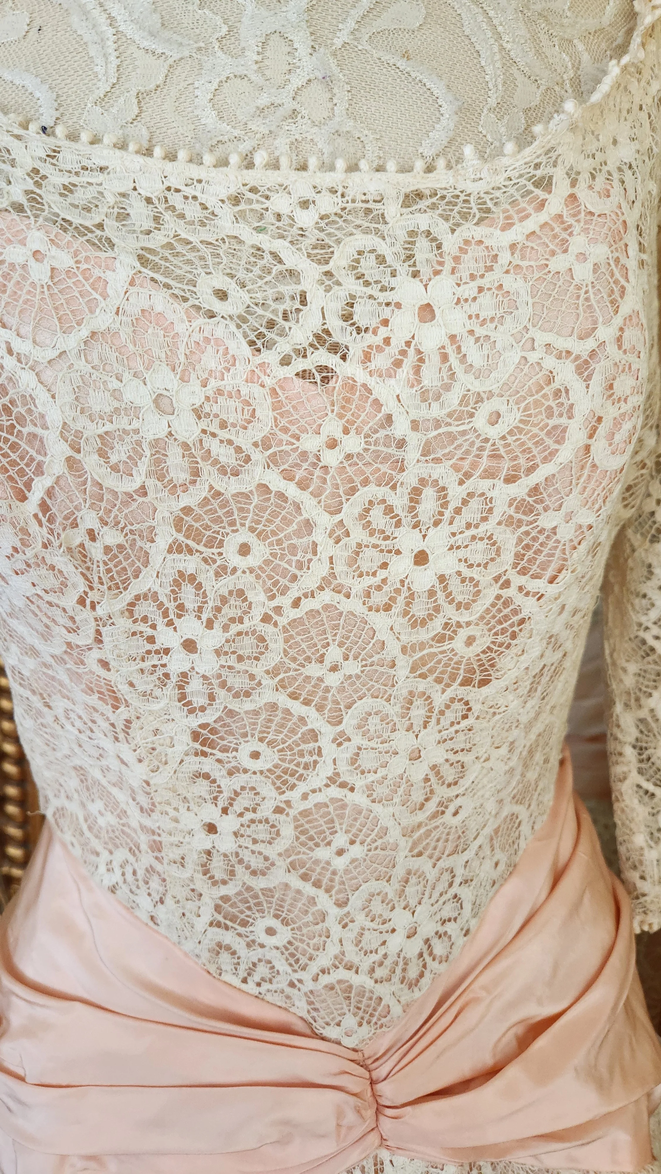 50s Natural Lace Party Dress With Pink Taffeta Sash By Bramson - Image 5