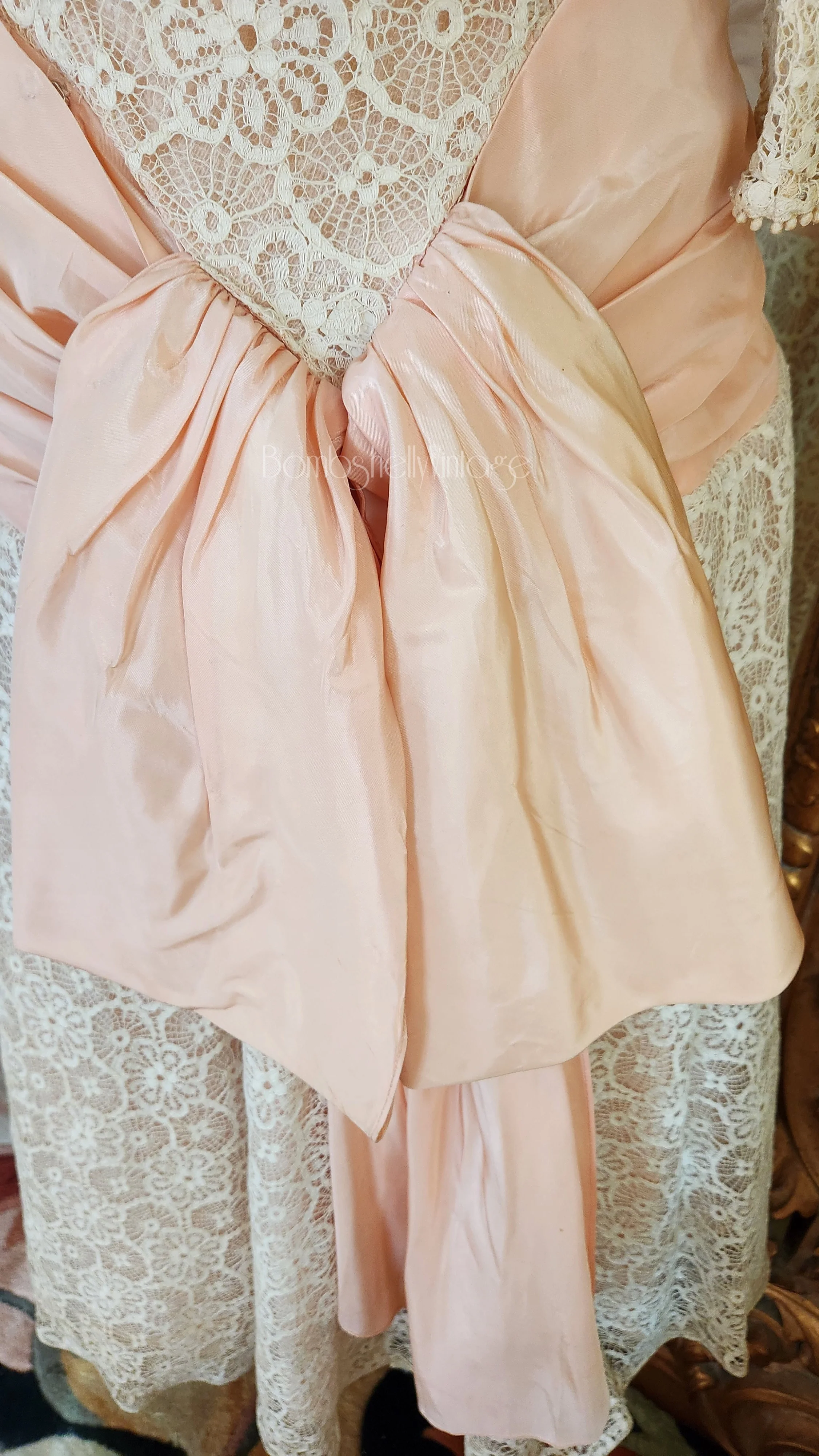 50s Natural Lace Party Dress With Pink Taffeta Sash By Bramson - Image 6