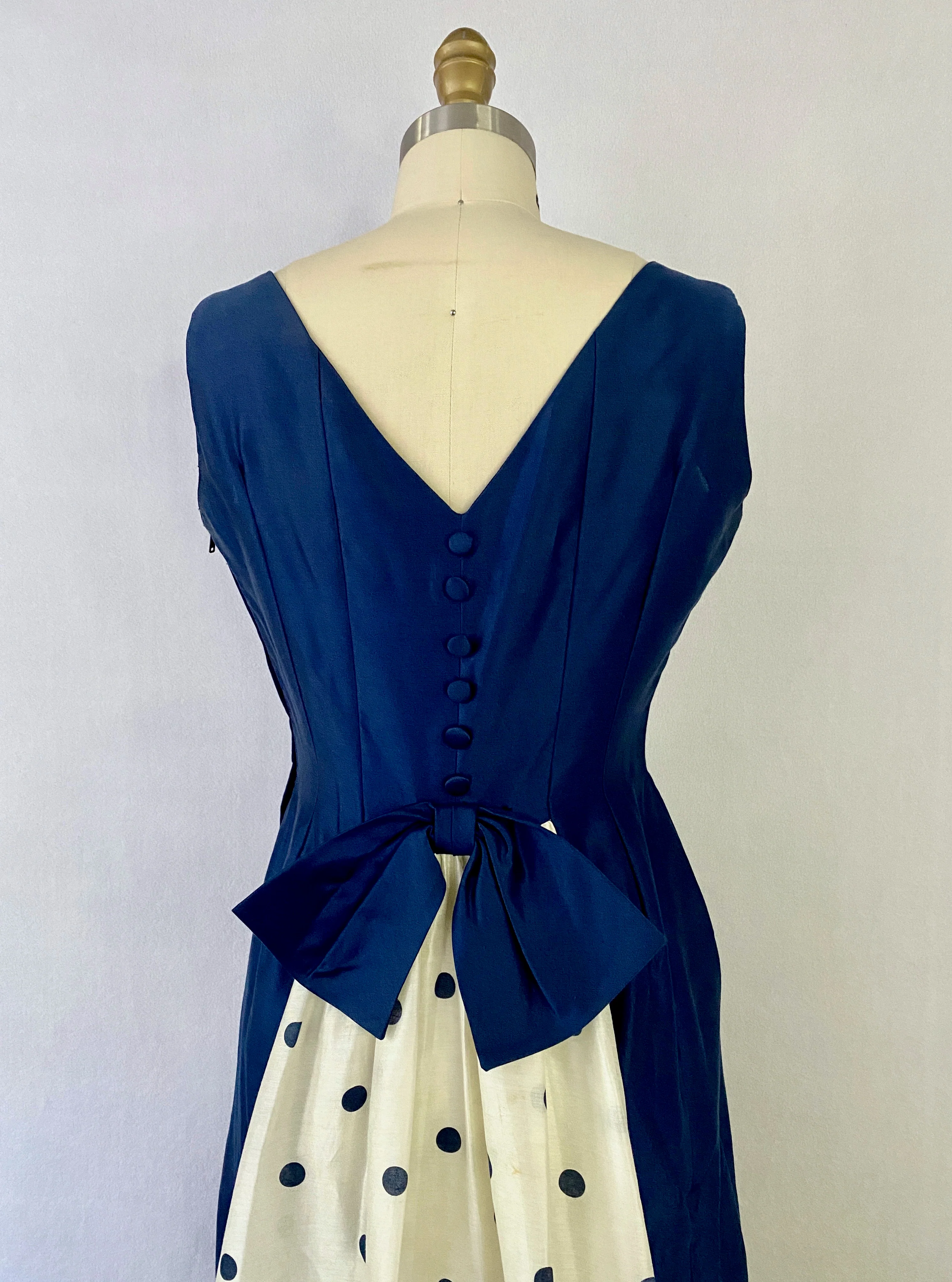 50s Navy And White Polka Dot Evening Dress - Image 7