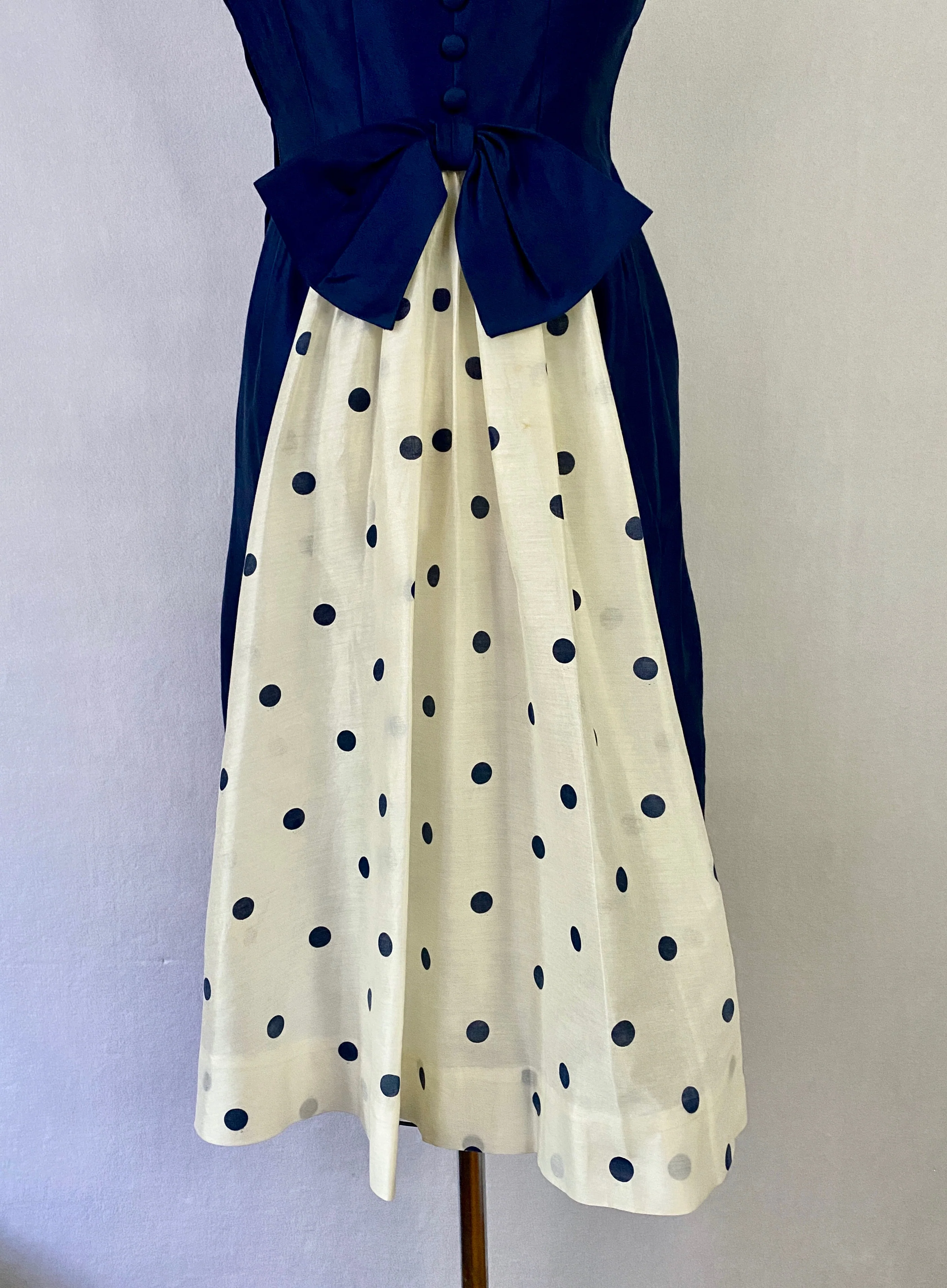 50s Navy And White Polka Dot Evening Dress - Image 8