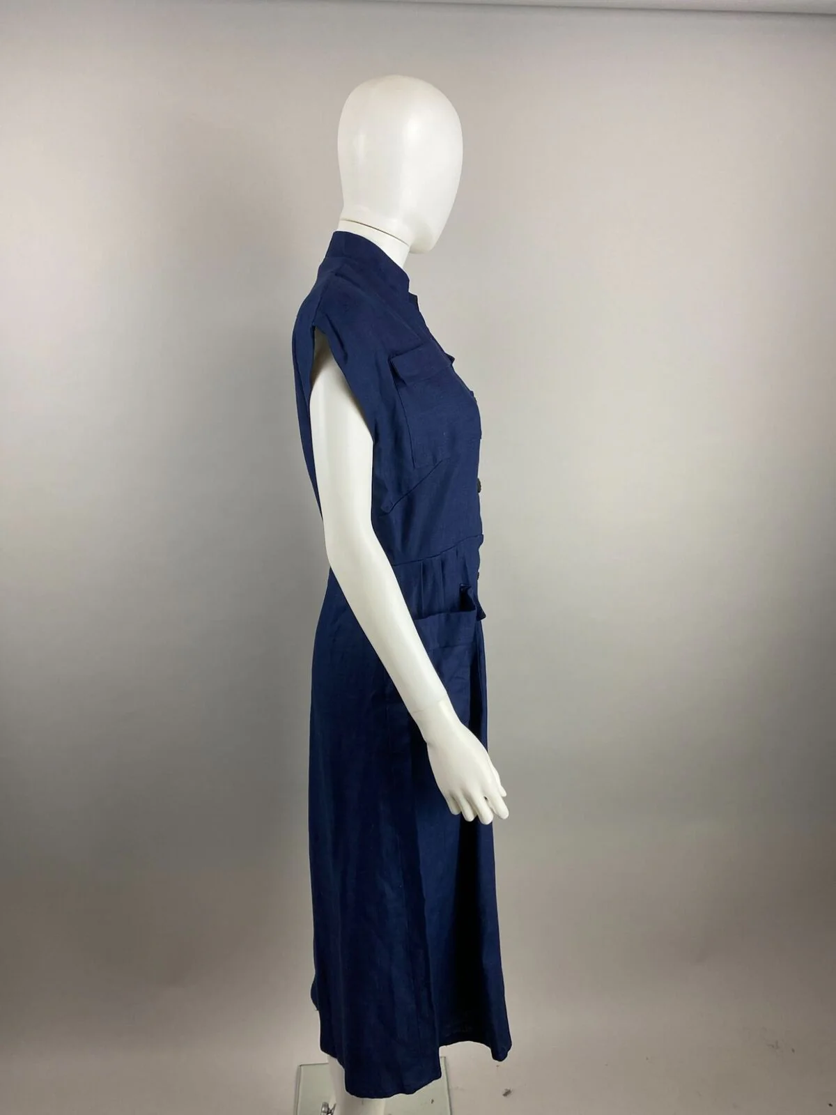 50s Navy Blue Cap Sleeve Sheath Midi Dress Linen - Image 7