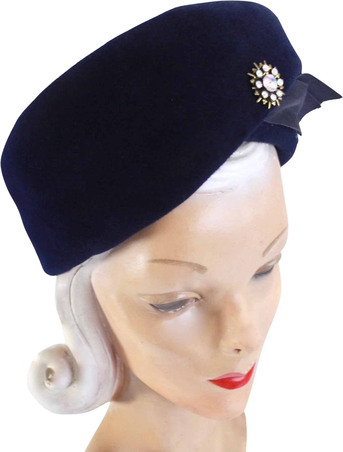50s Navy Blue Winter Pillbox Toque Hat with Aurora Borealis Brooch