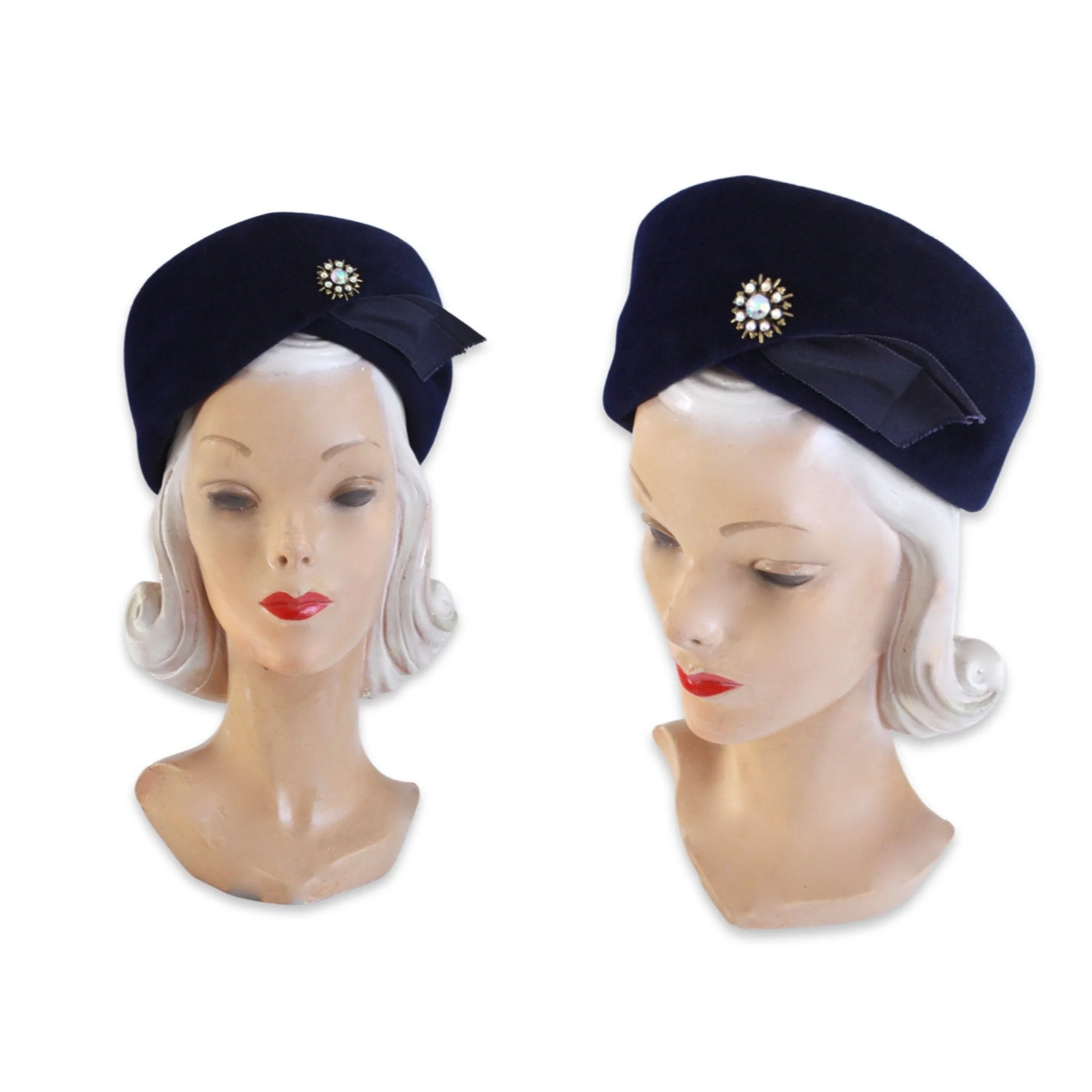50s Navy Blue Winter Pillbox Toque Hat with Aurora Borealis Brooch - Image 2