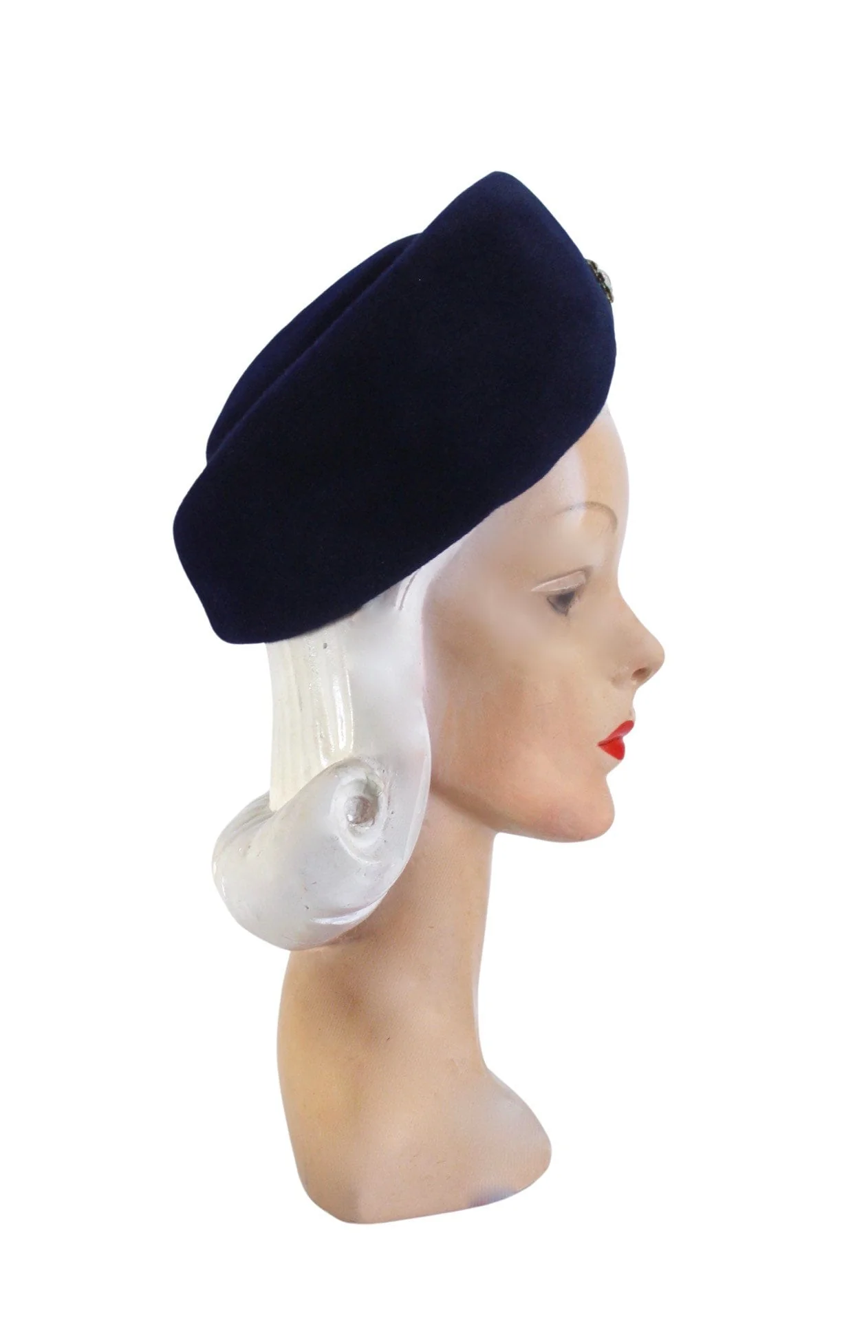 50s Navy Blue Winter Pillbox Toque Hat with Aurora Borealis Brooch - Image 5