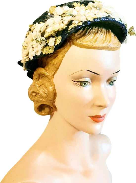 50s Navy Straw Hat With Flowers And A Velvet Bow By Christine